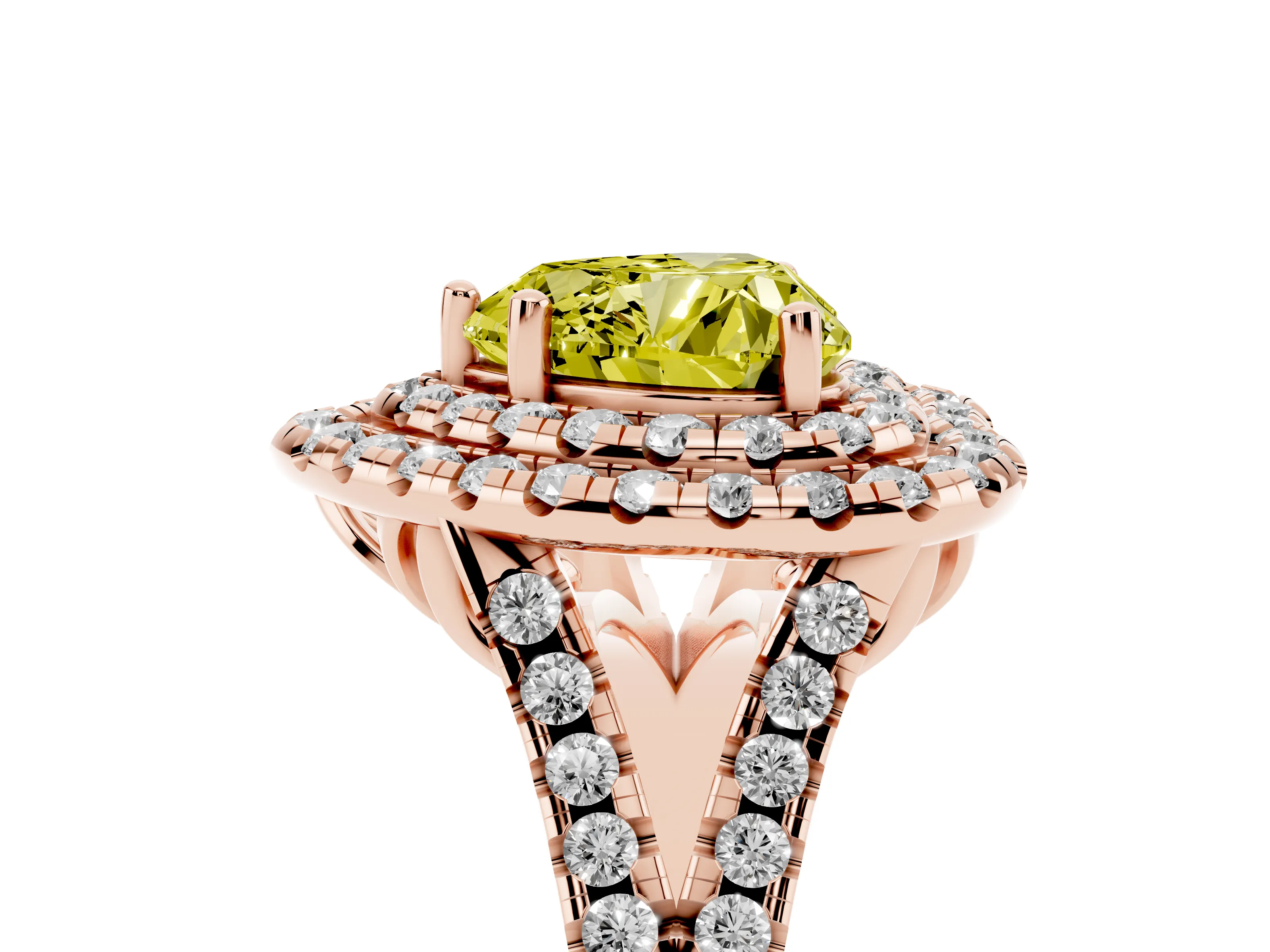 Fancy Yellow Heart Cut Diamond Double Halo Ring Set in Rose gold with Pavé Split Shank and Prong Setting