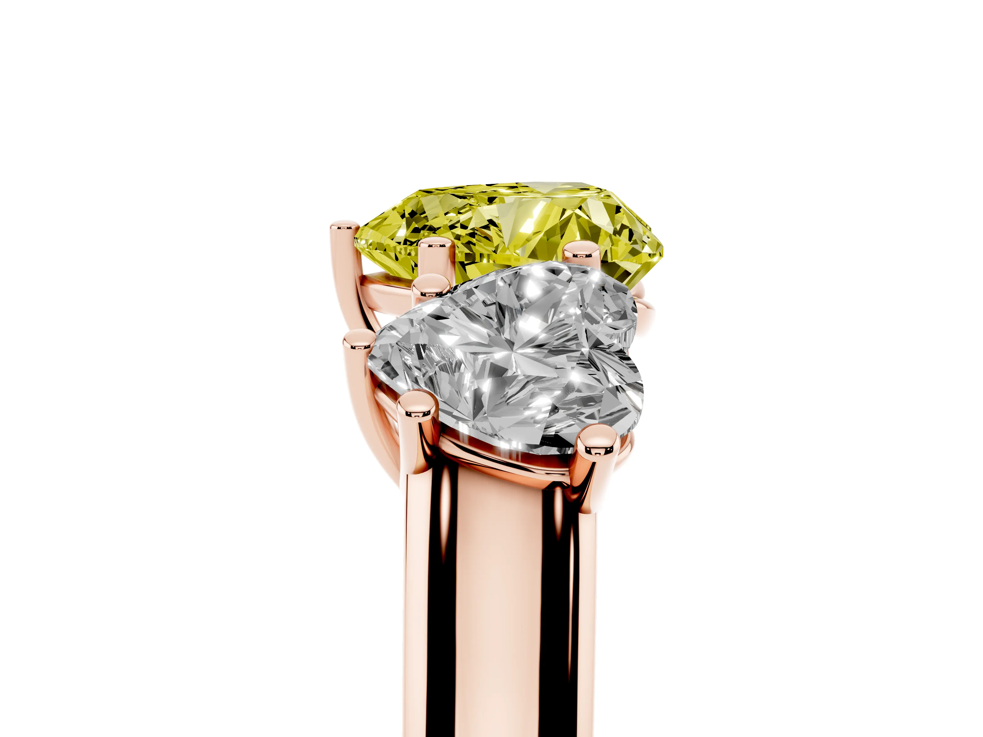 Fancy Yellow Heart Cut Diamond Three-Stone Ring Set in Rose gold with Plain Polished Band