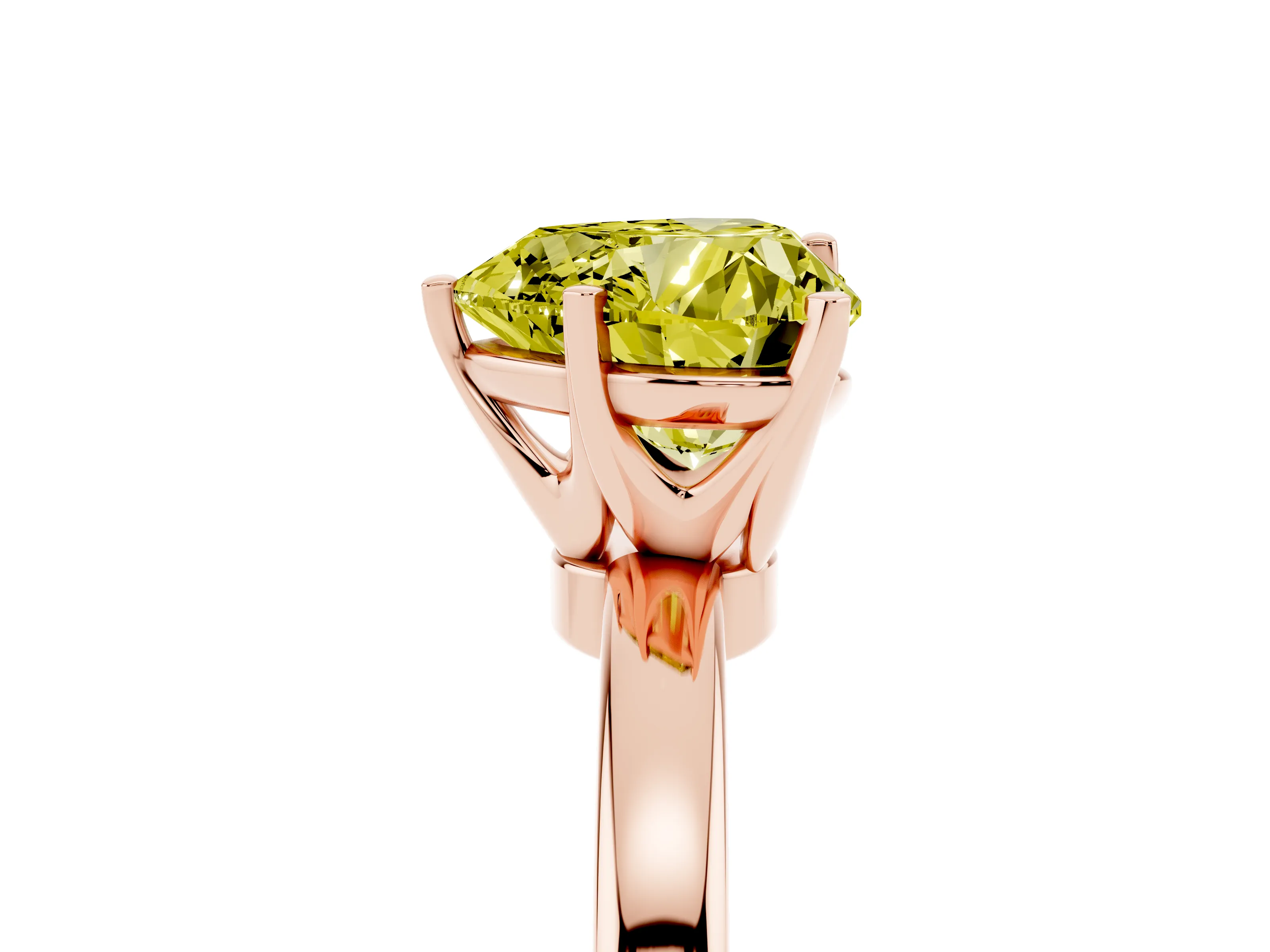 Fancy Yellow Heart Cut Diamond Solitaire Ring Set in Rose gold with Raised Prong Setting on a Classic Band