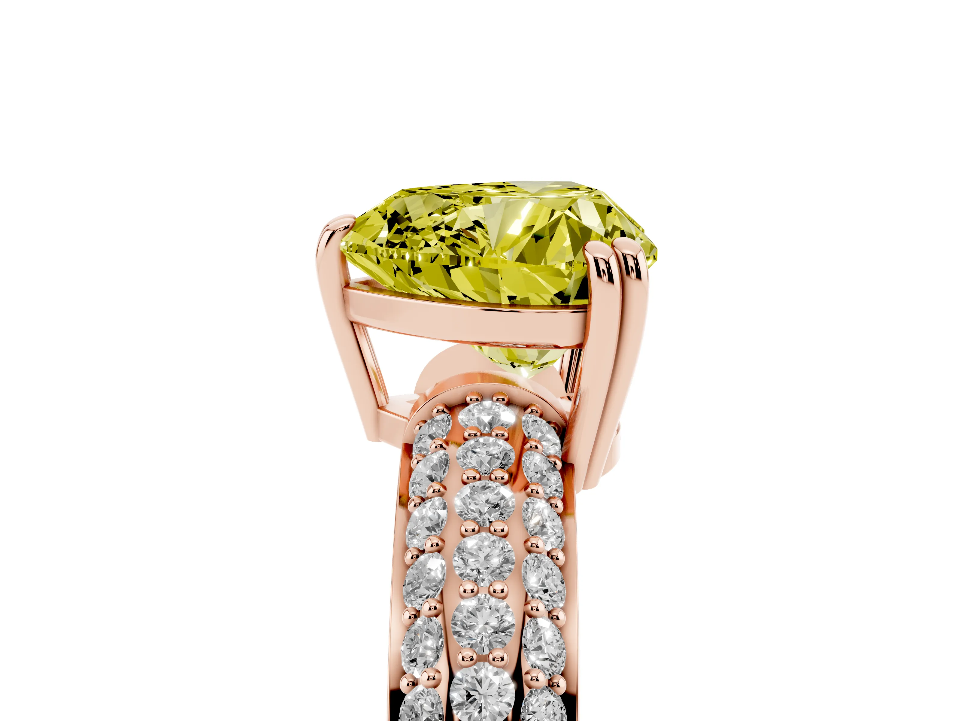 Fancy Yellow Heart Cut Diamond Solitaire Ring Set in Rose gold with Multi-Row Round Pavé Band and Prong Setting