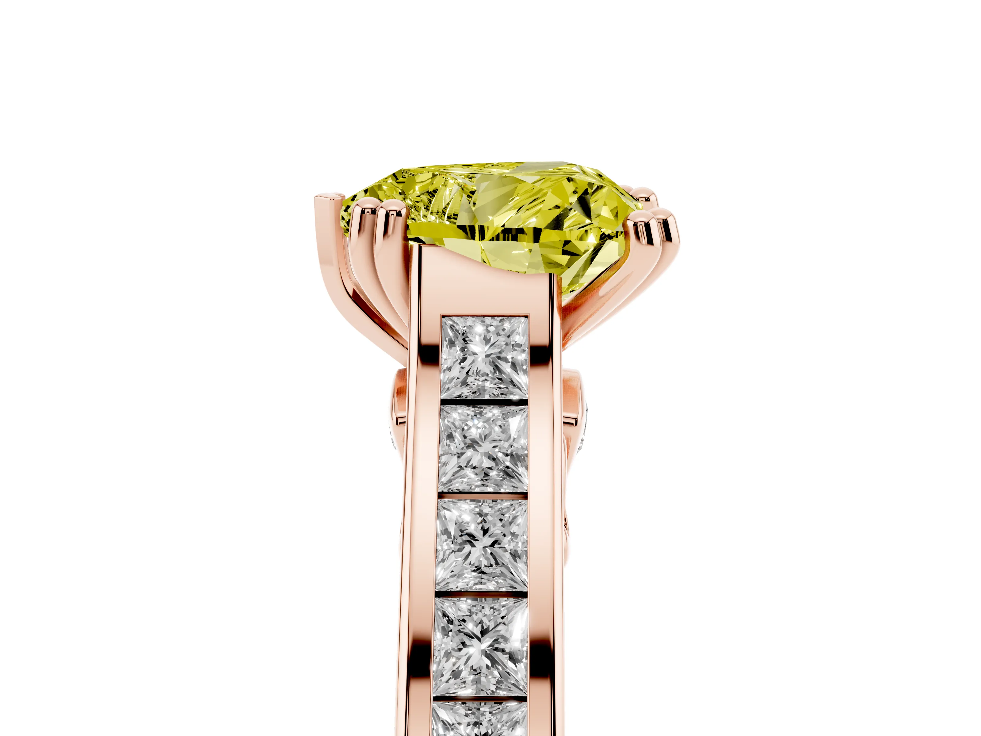Fancy Yellow Heart Cut Diamond Channel Set Solitaire Engagement Ring Set in Rose gold with Prong Setting