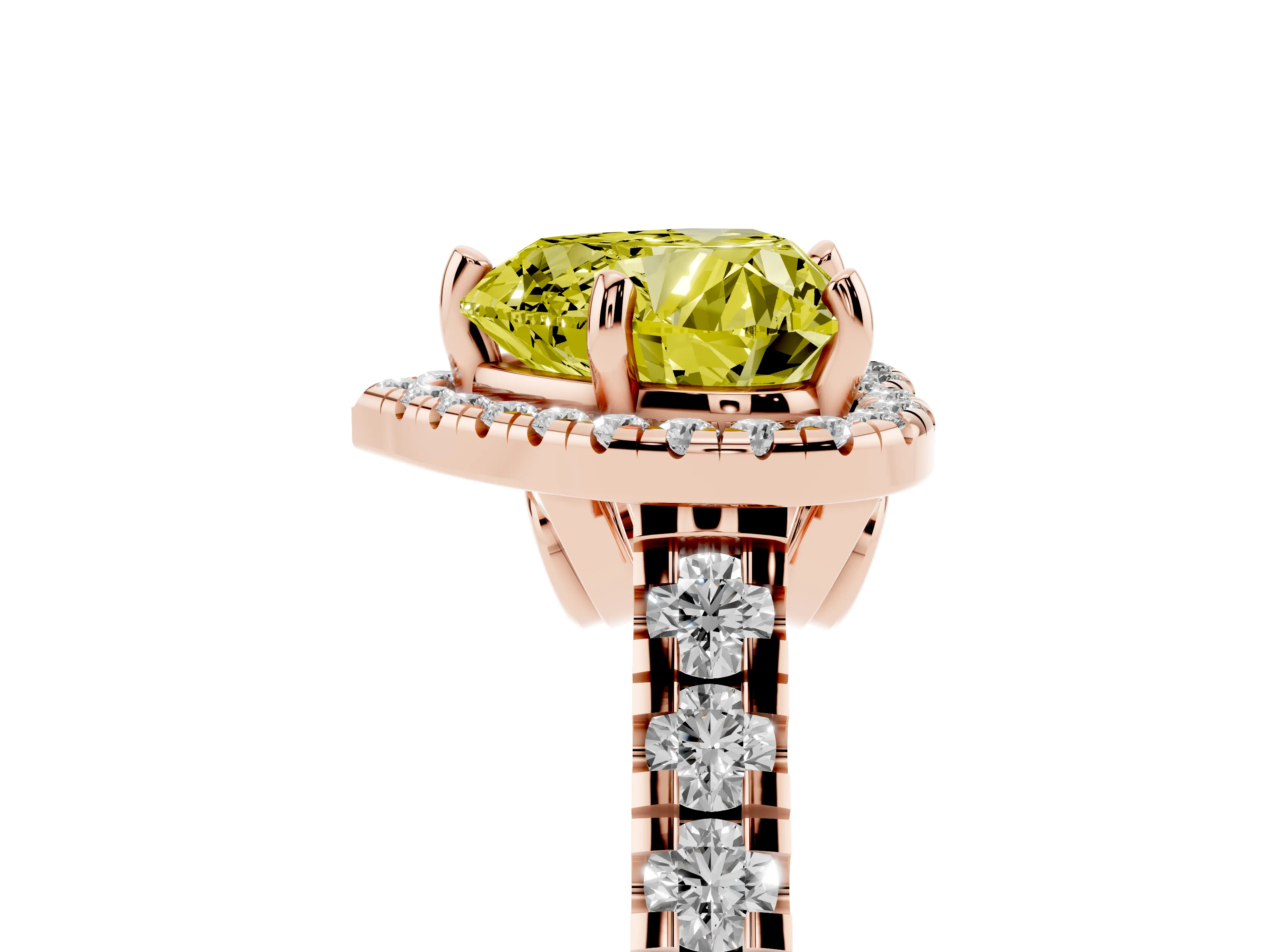 Fancy Yellow Heart Cut Diamond Halo Engagement Ring Set in Rose gold with Pavé Band and Prong-Set Center