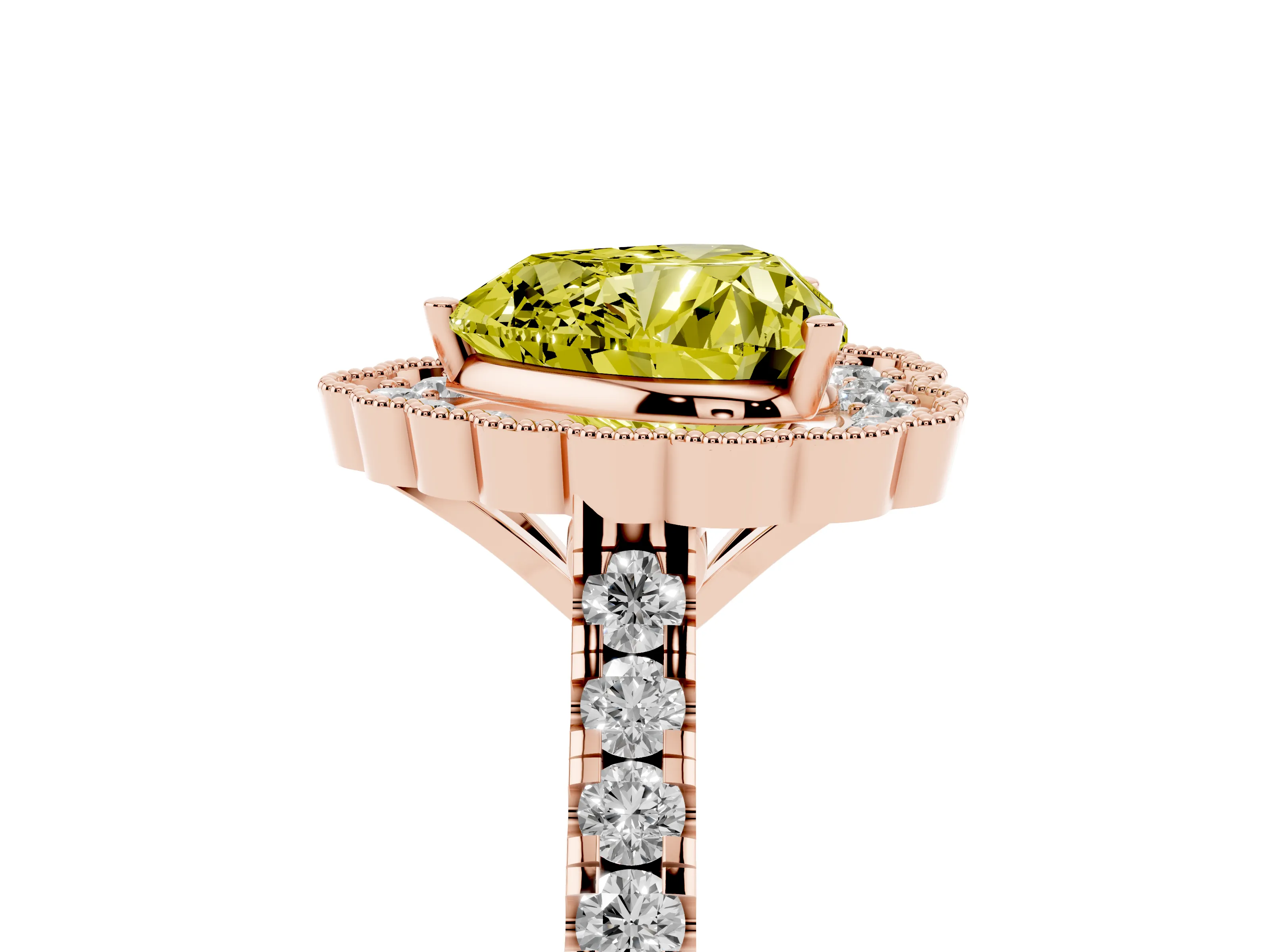 Fancy Yellow Heart Cut Diamond Milgrain Floral Halo Engagement Ring Set in Rose gold with Pavé Band