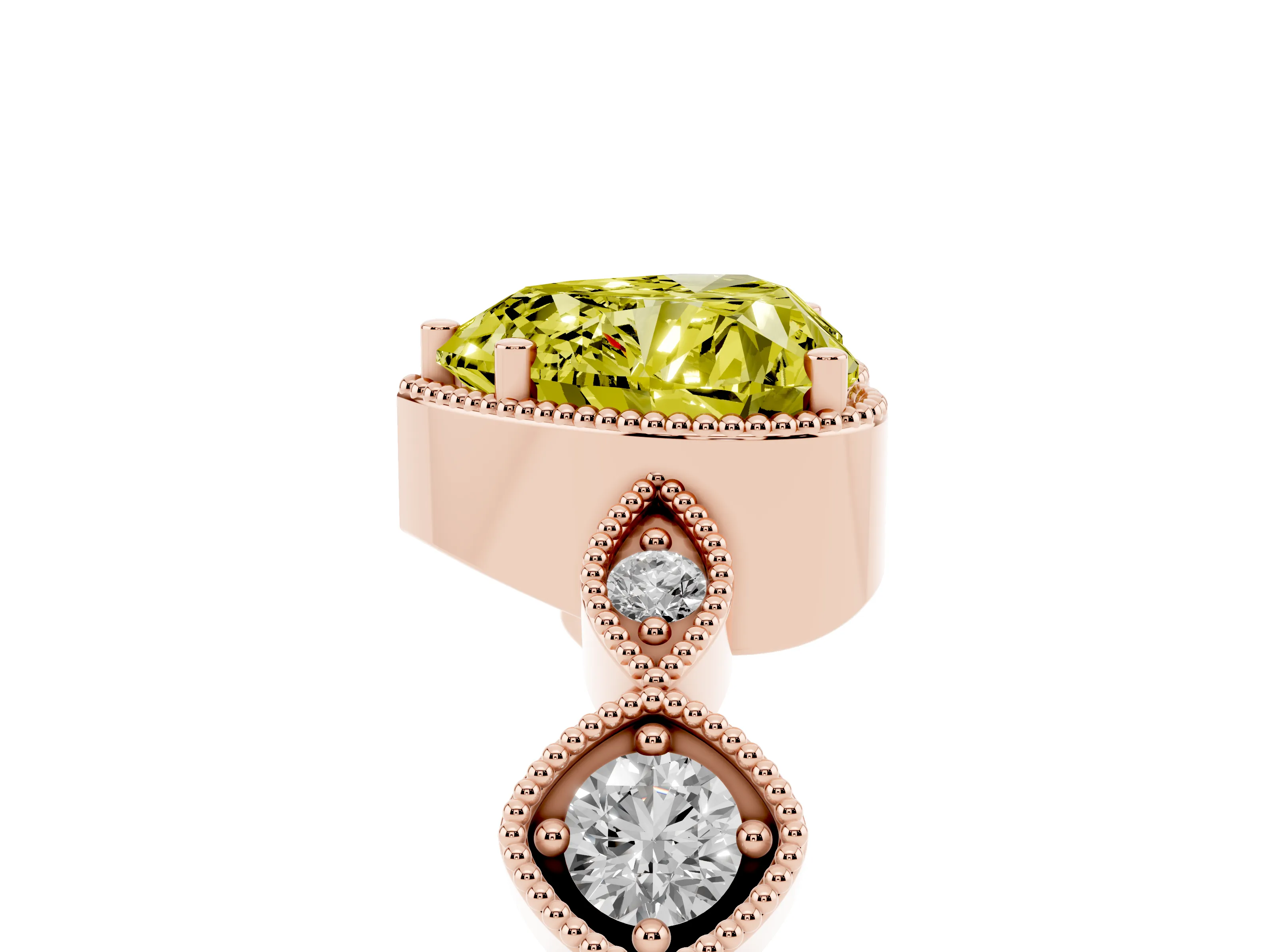 Fancy Yellow Heart Cut Diamond Vintage-Inspired Milgrain Ring Set in Rose gold with Marquise Stations of Round Accents