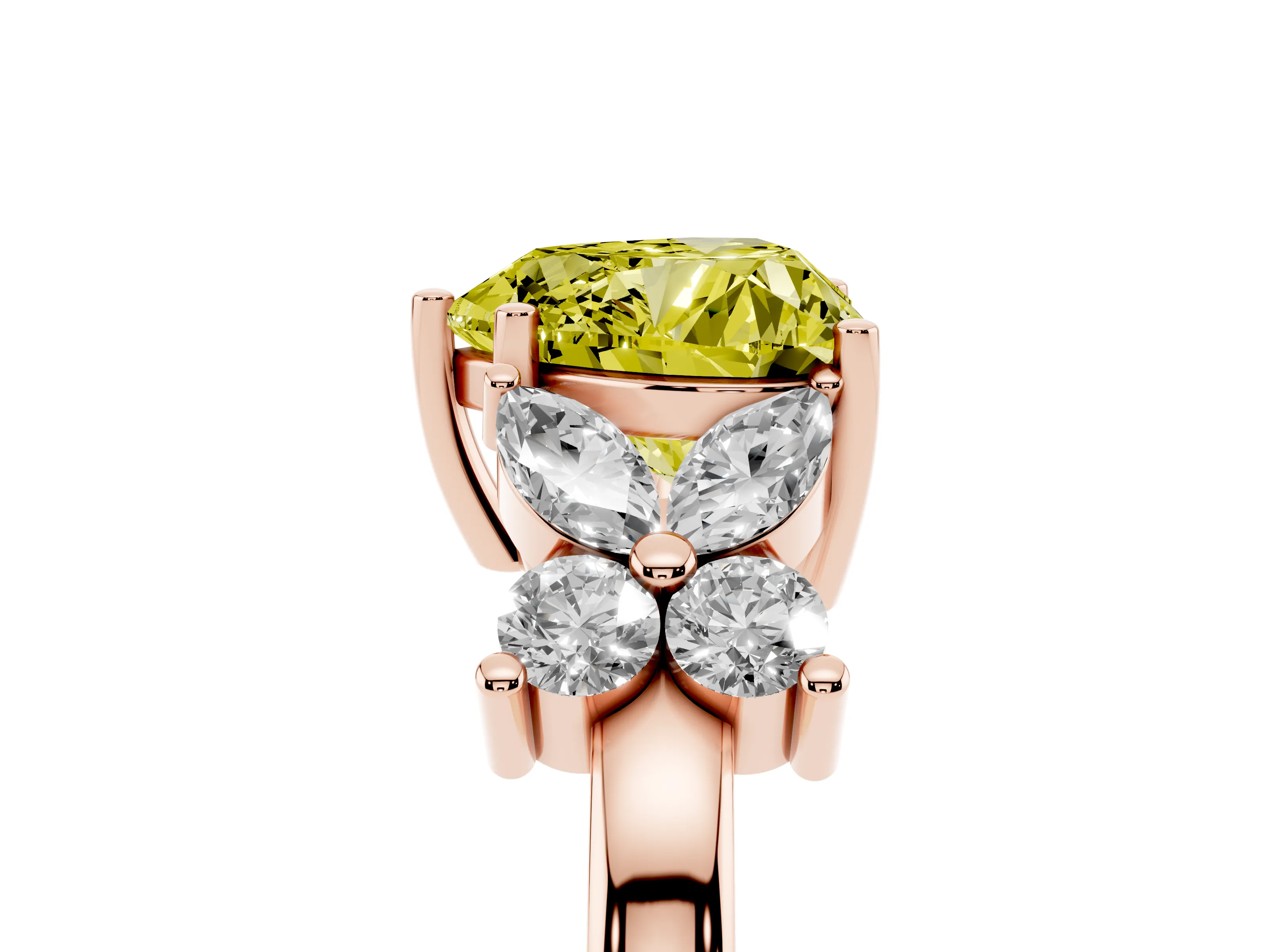 Fancy Yellow Heart Cut Diamond Floral Cluster Ring Set in Rose gold with Marquise Petals and Prong Setting