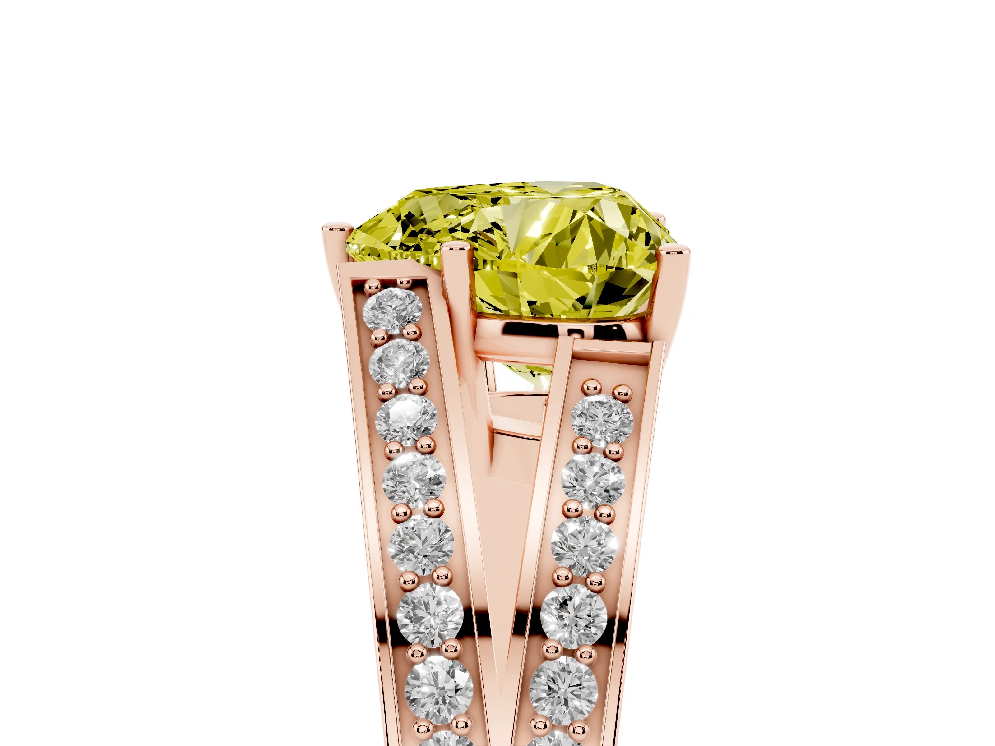 Fancy Yellow Heart Cut Diamond Split Shank Ring Set in Rose gold with Pavé Band and Prong Setting