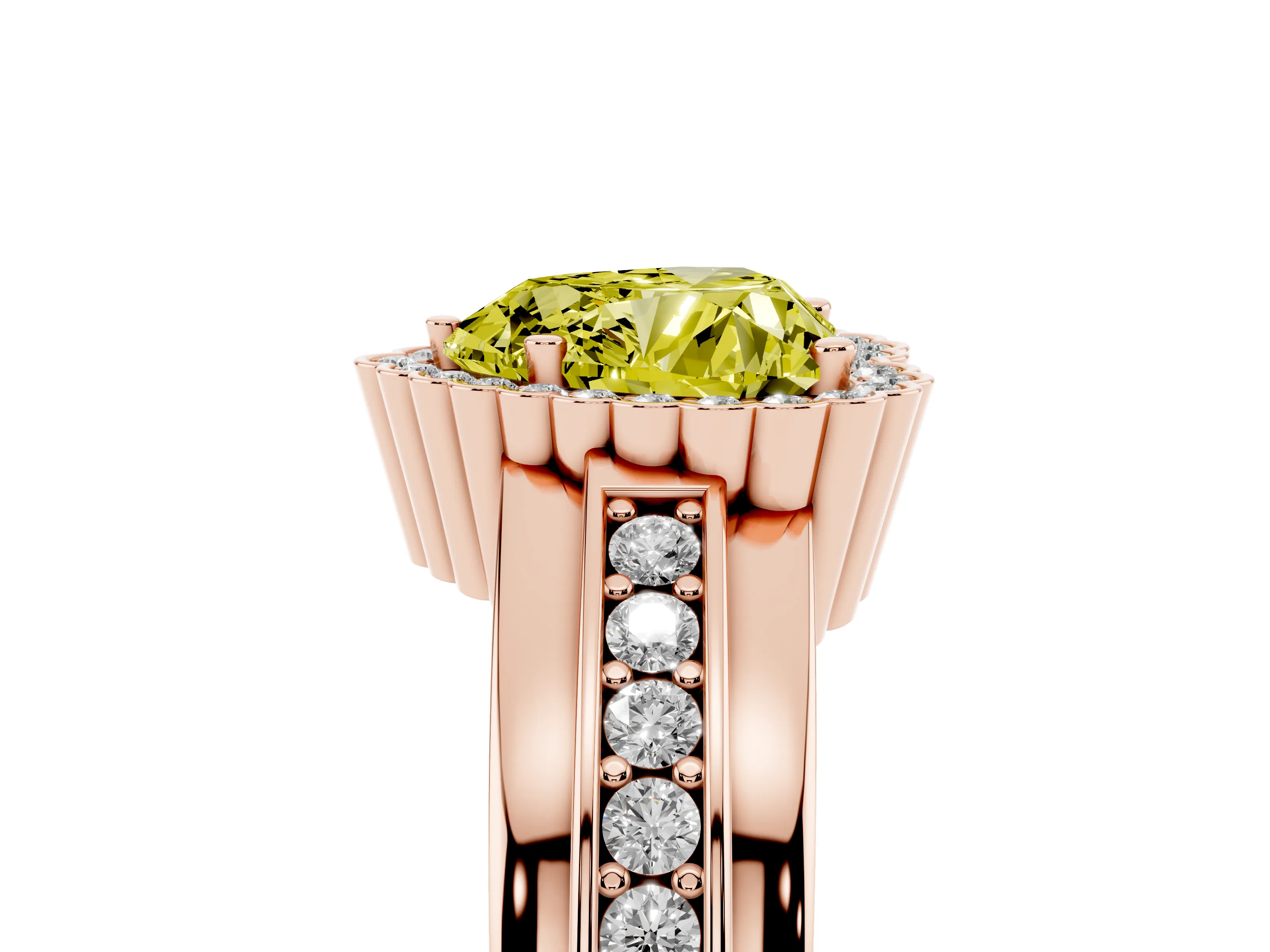 Fancy Yellow Heart Cut Diamond Halo Prong Ring Set in Rose gold with Pavé Band