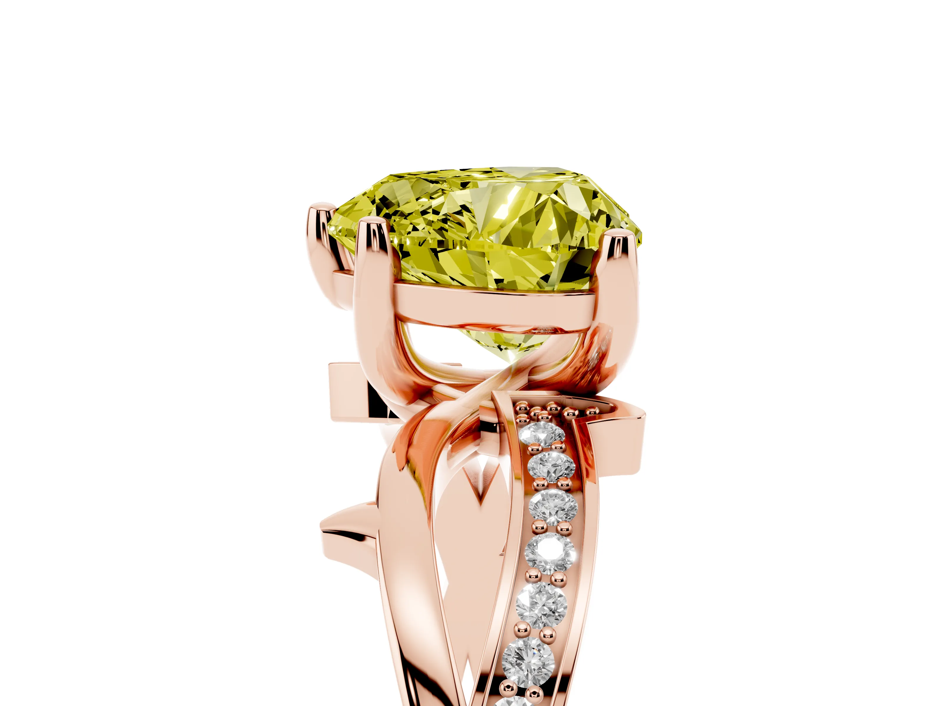 Fancy Yellow Heart Cut Diamond Pavé Twist Band Solitaire Ring Set in Rose gold with Prong Setting