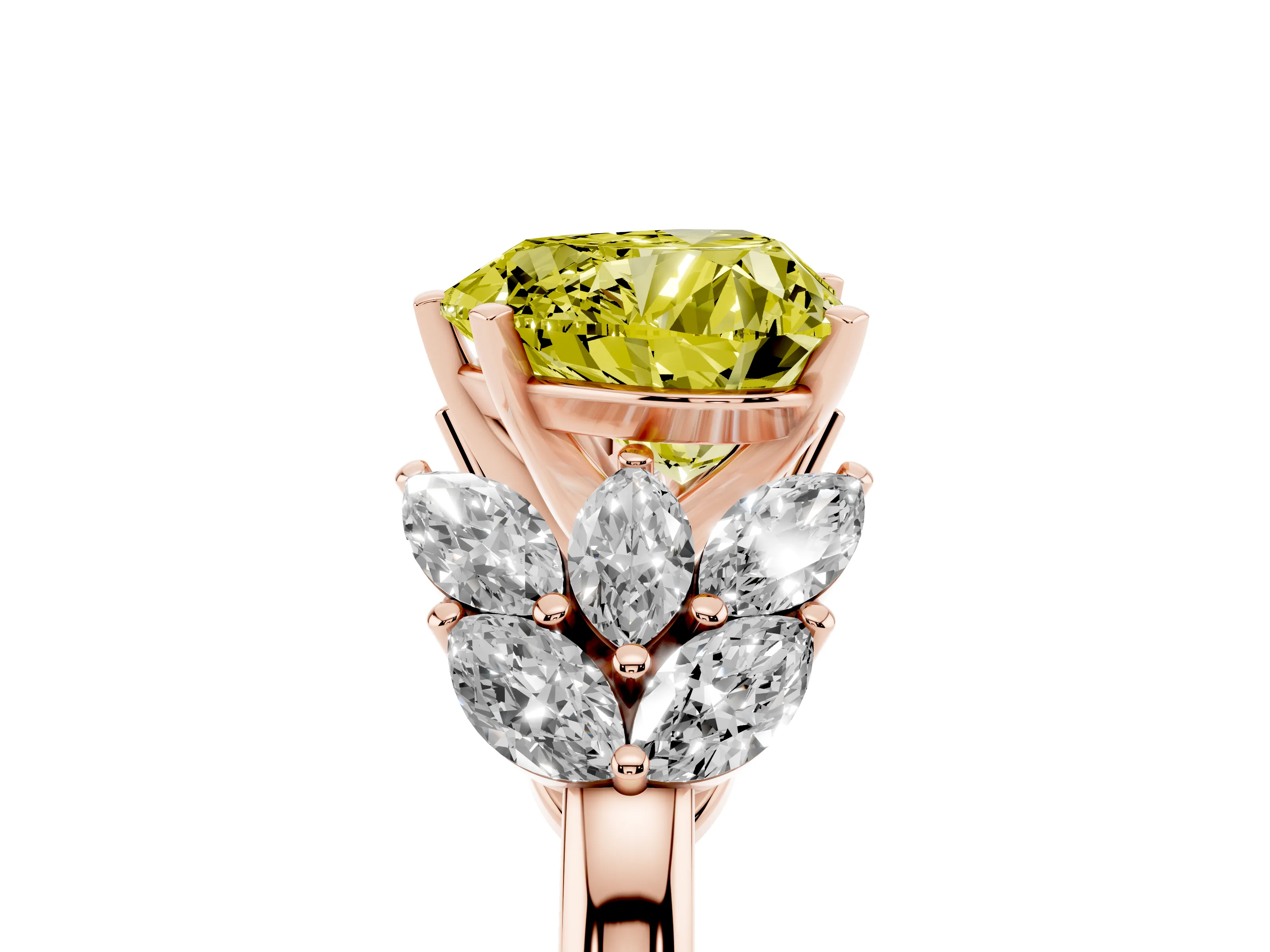 Fancy Yellow Heart Cut Diamond Cluster Leaf Design Ring Set in Rose gold with Prong Setting
