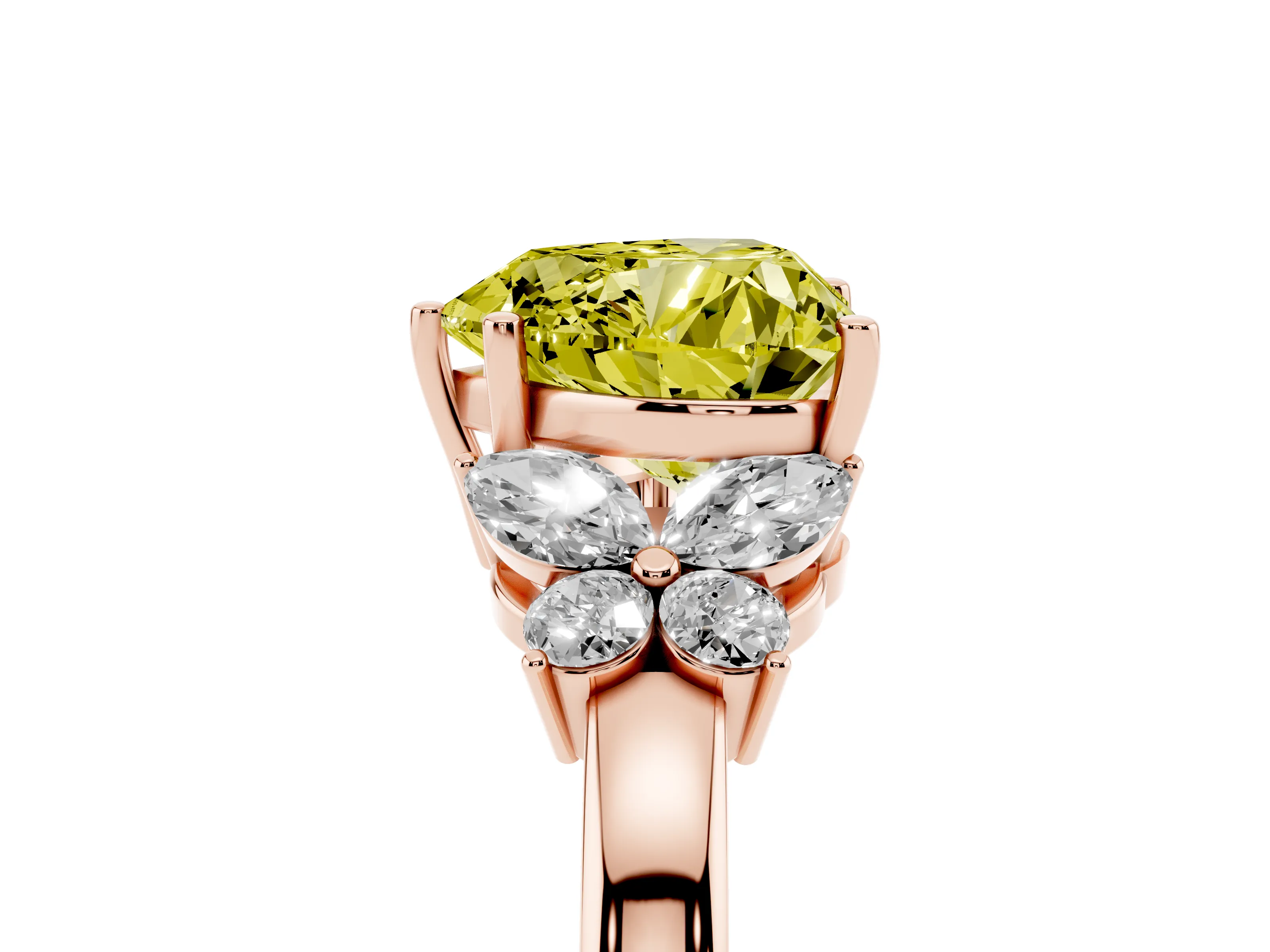 Fancy Yellow Heart Cut Diamond Solitaire Floral Ring Set in Rose gold with Marquise Petals and Prong Setting