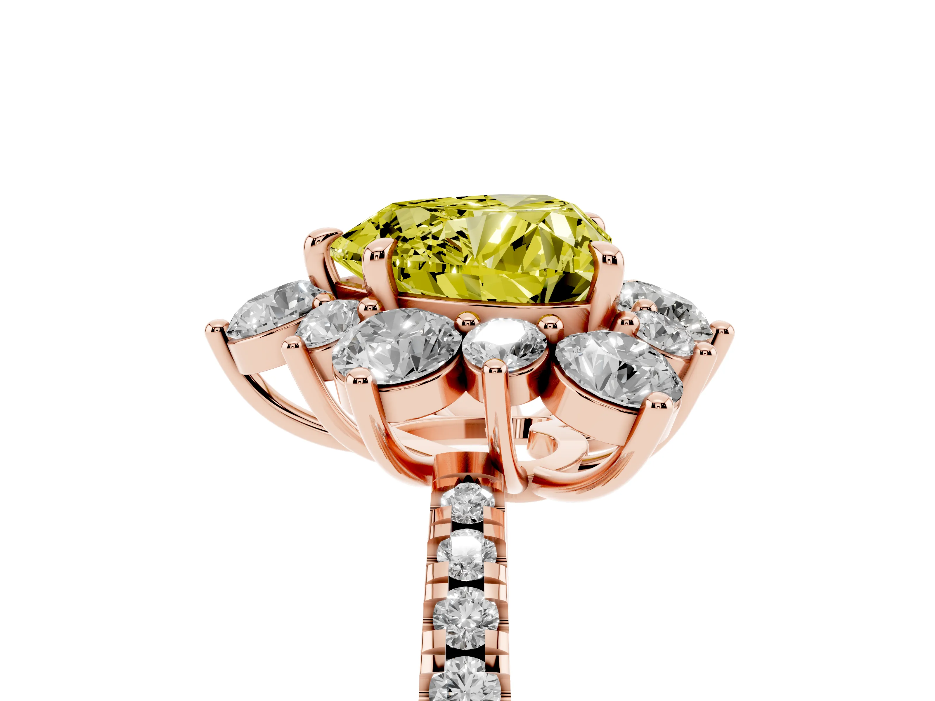 Fancy Yellow Heart Cut Diamond Floral Halo Ring Set in Rose gold with Round Pavé Band and Prong Setting