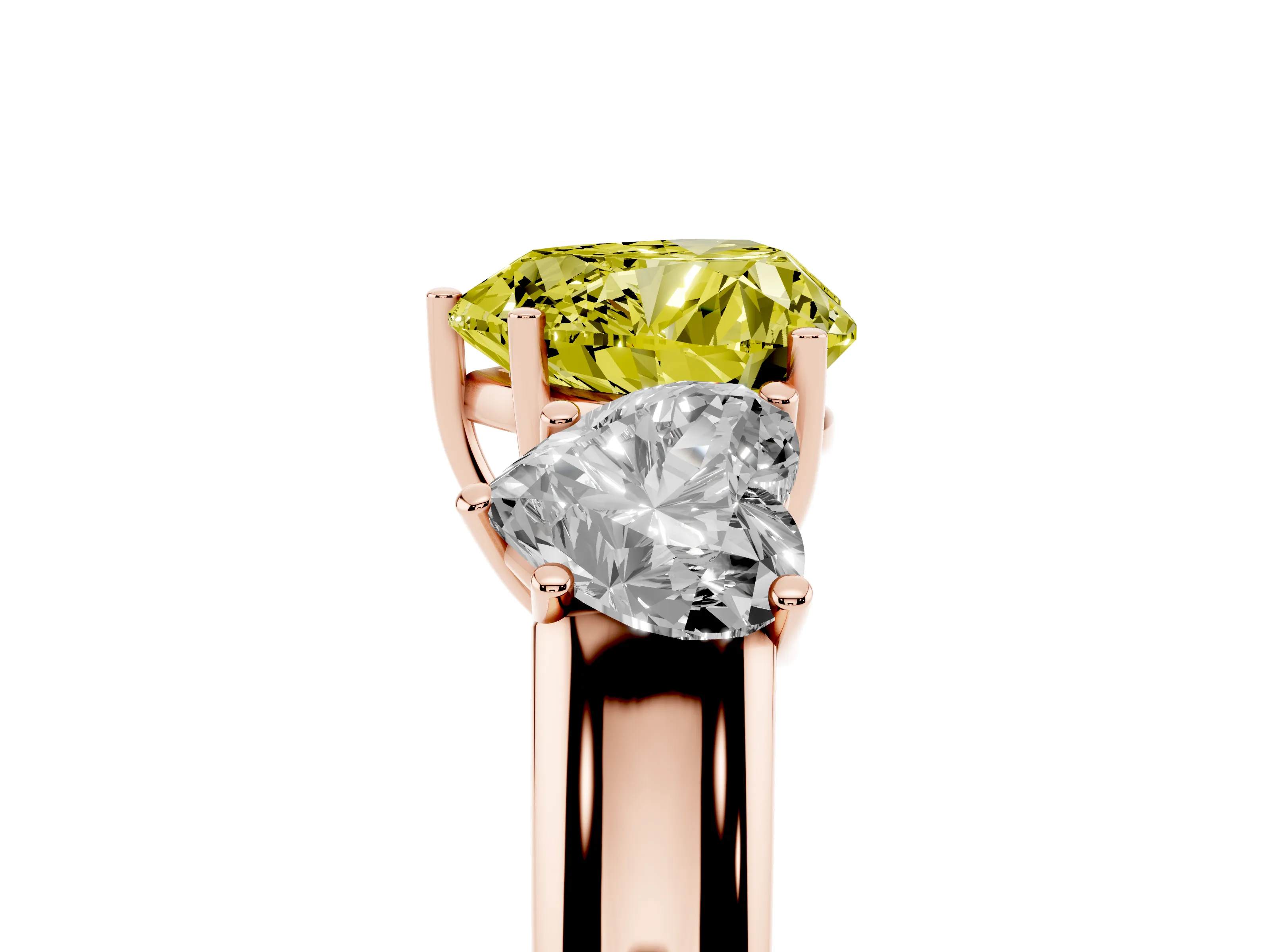 Fancy Yellow Three-Stone Heart Cut Diamond Ring Set in Rose gold with Matching Prong Settings and Plain Band