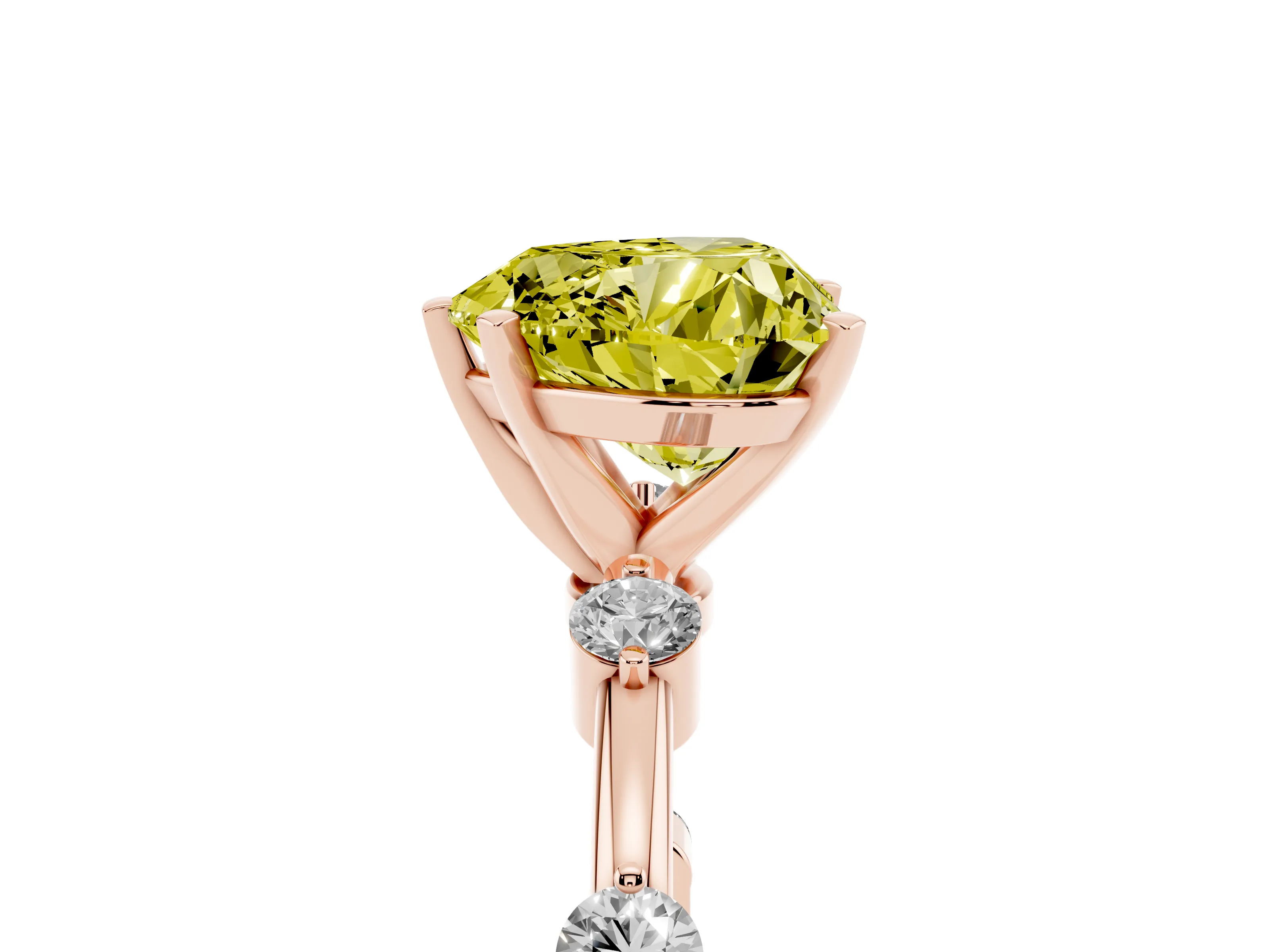 Fancy Yellow Heart Cut Diamond Solitaire Ring Set in Rose gold with Bezel Set Side Stones and Prong Setting