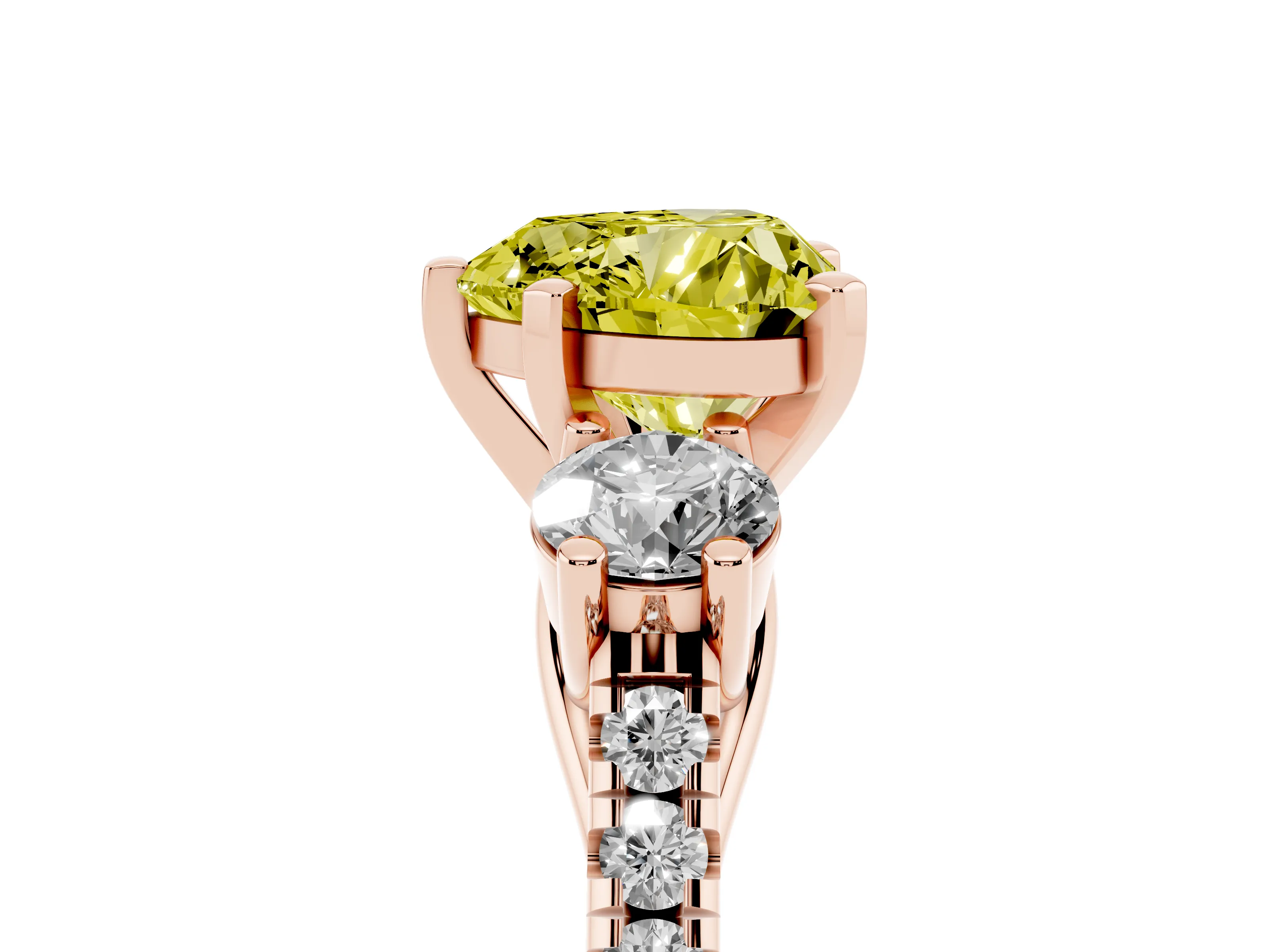 Fancy Yellow Three-Stone Heart Cut Diamond Pavé Band Ring Set in Rose gold with Prong-Set Trio