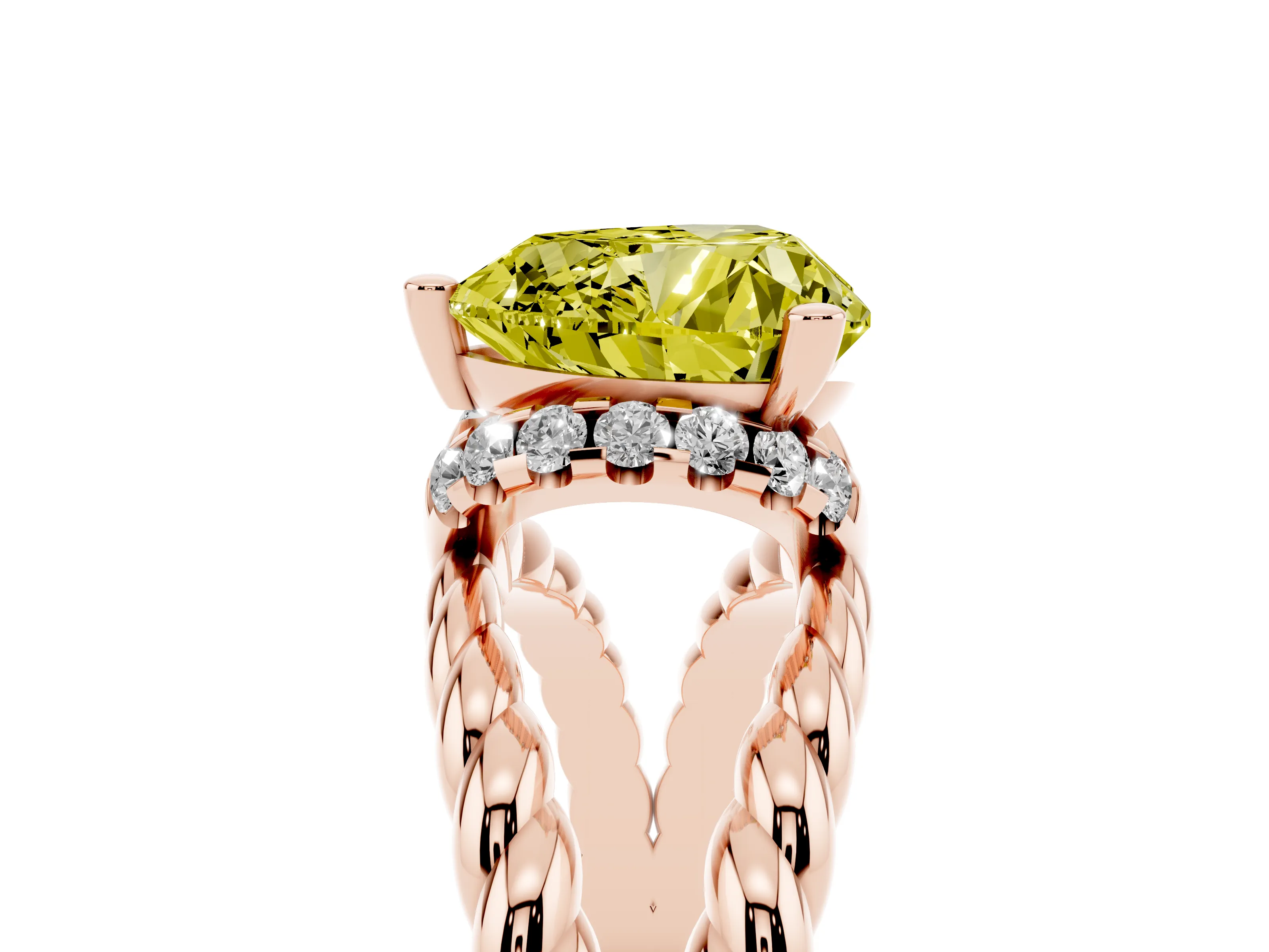Fancy Yellow Heart Cut Diamond Halo Ring Set in Rose gold with Twisted Band and Prong Setting