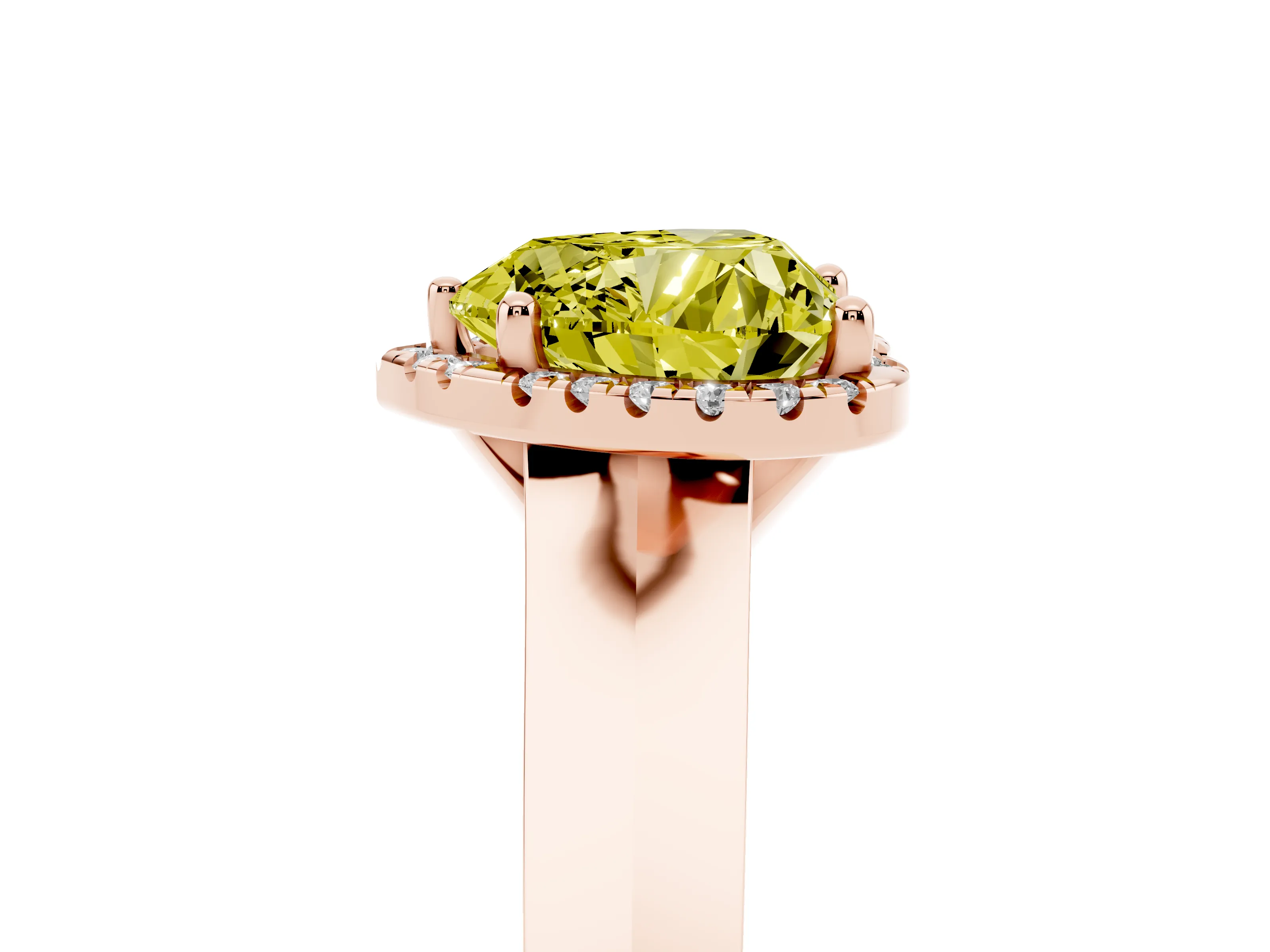Fancy Yellow Heart Cut Diamond Halo Ring Set in Rose gold with Cathedral Band and Prong Setting