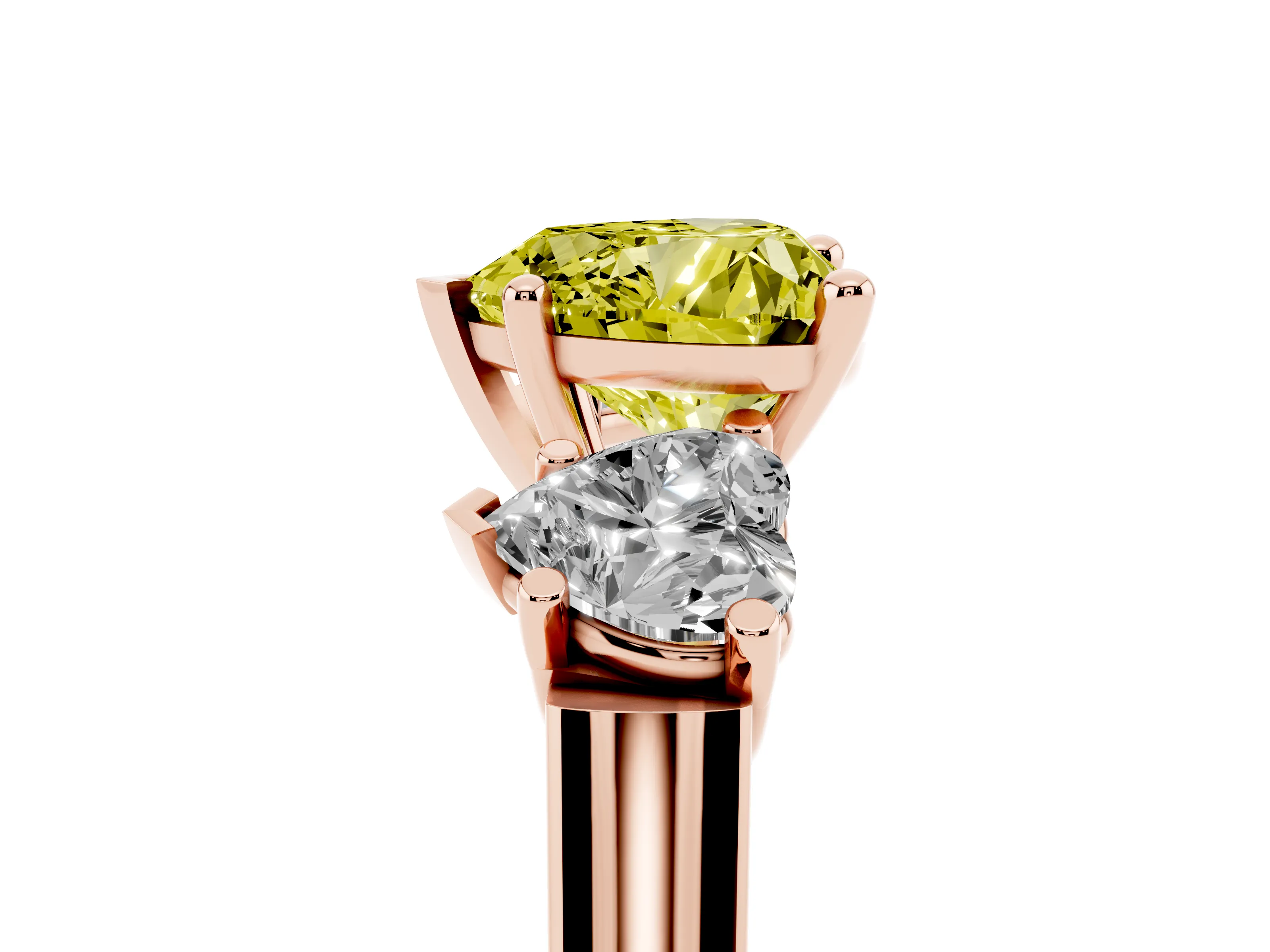 Fancy Yellow Heart Cut Diamond Three-Stone Trellis Ring Set in Rose gold with Comfort Fit Band