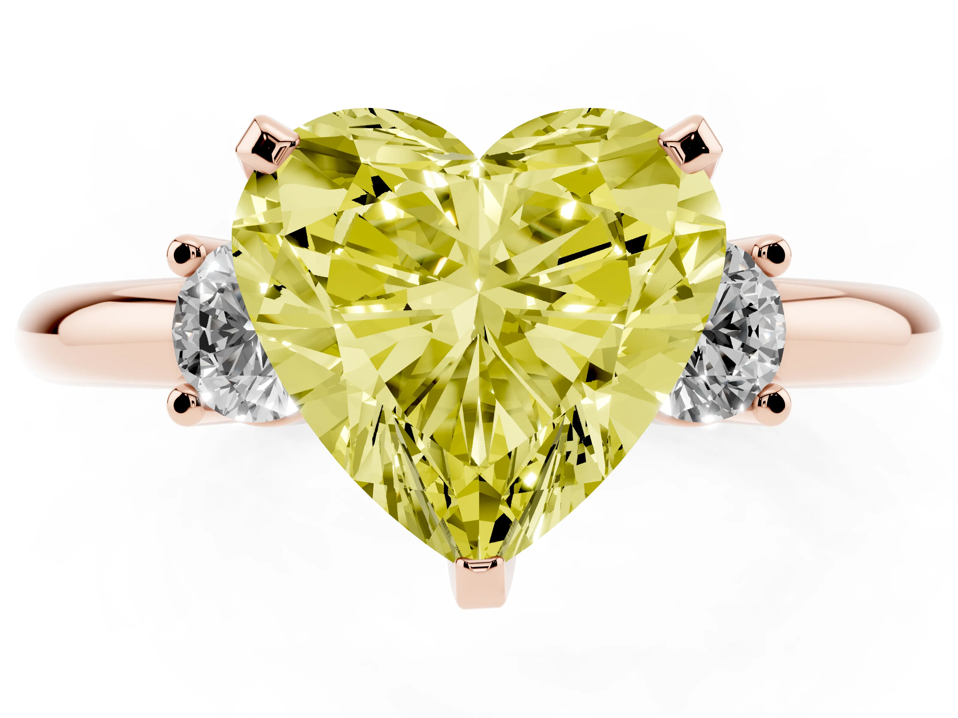 Fancy Yellow Three-Stone Heart Cut Diamond Ring Set in Rose gold with Prong Setting and Plain Band
