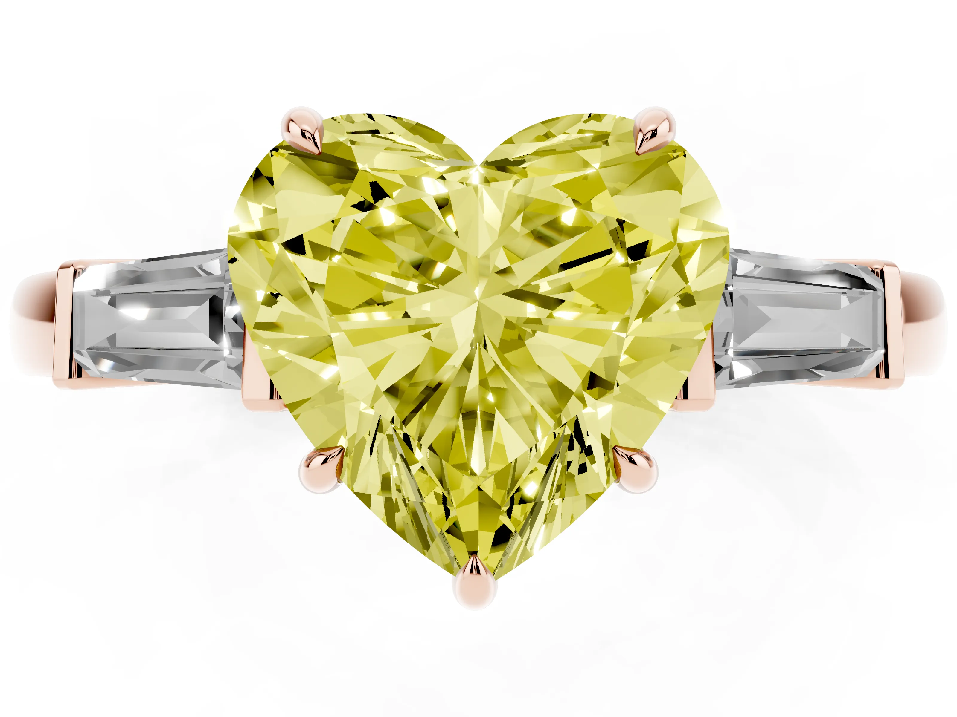 Fancy Yellow Heart Cut Diamond Three-Stone Ring Set in Rose gold with Tapered Baguette Side Stones and Prong Setting