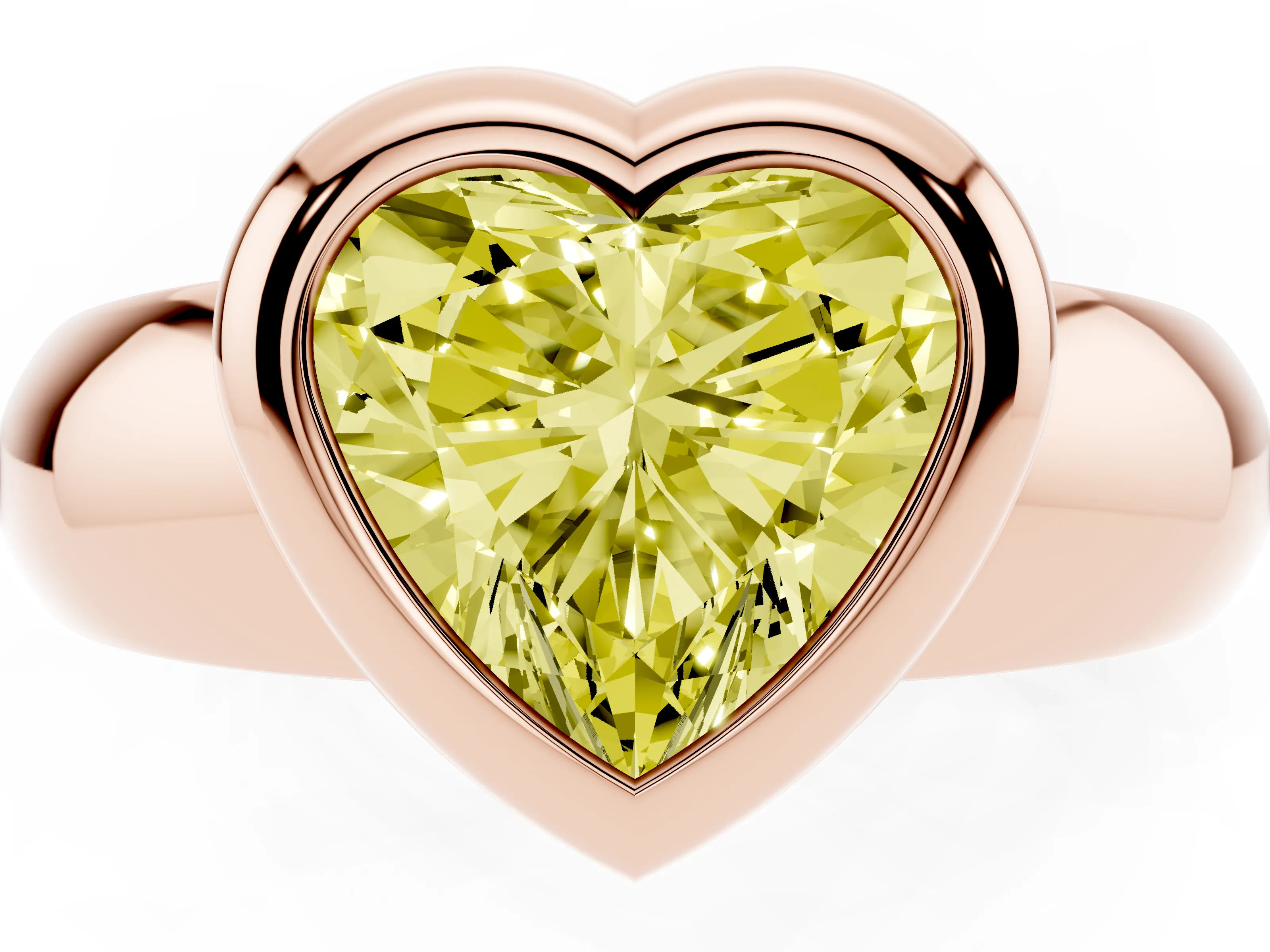 Fancy Yellow Bezel Set Heart Cut Diamond Solitaire Ring Set in Rose gold with Wide Band