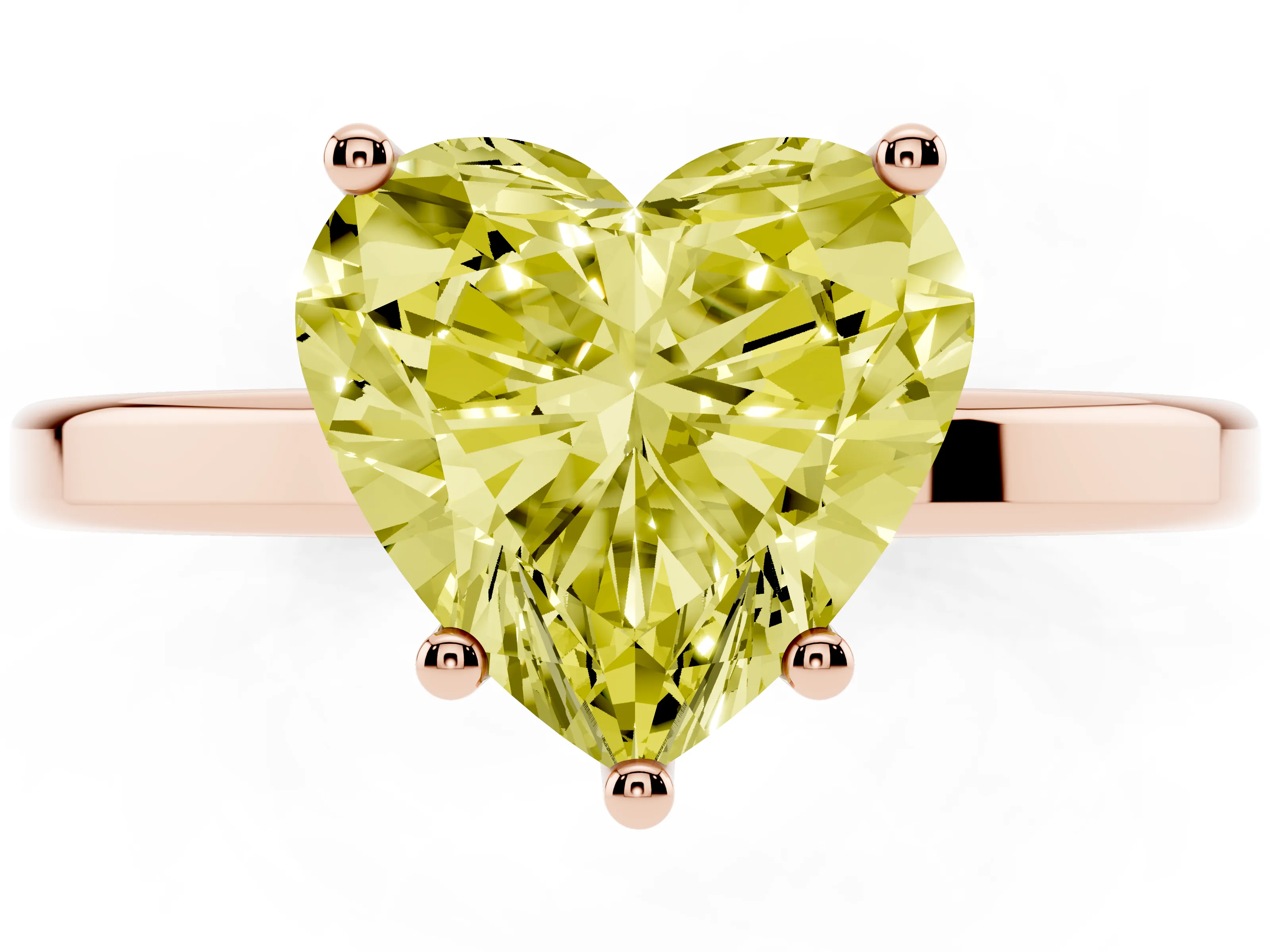 Fancy Yellow Heart Cut Diamond Solitaire Engagement Ring Set in Rose gold with Prong Setting on a Plain Band
