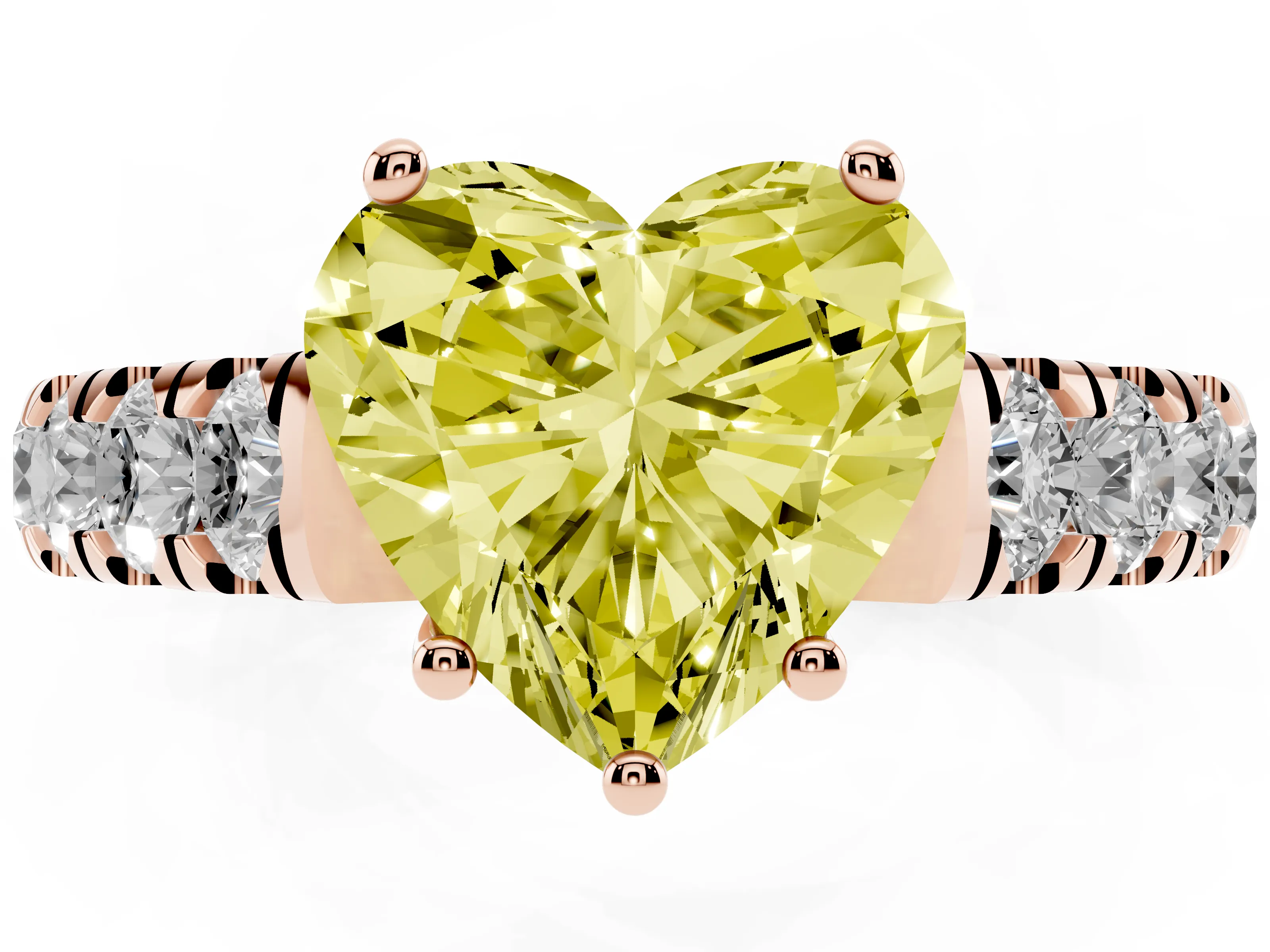Fancy Yellow Heart Cut Diamond Solitaire Ring Set in Rose gold with Cut-Down Micro Pavé Band and Prong Setting