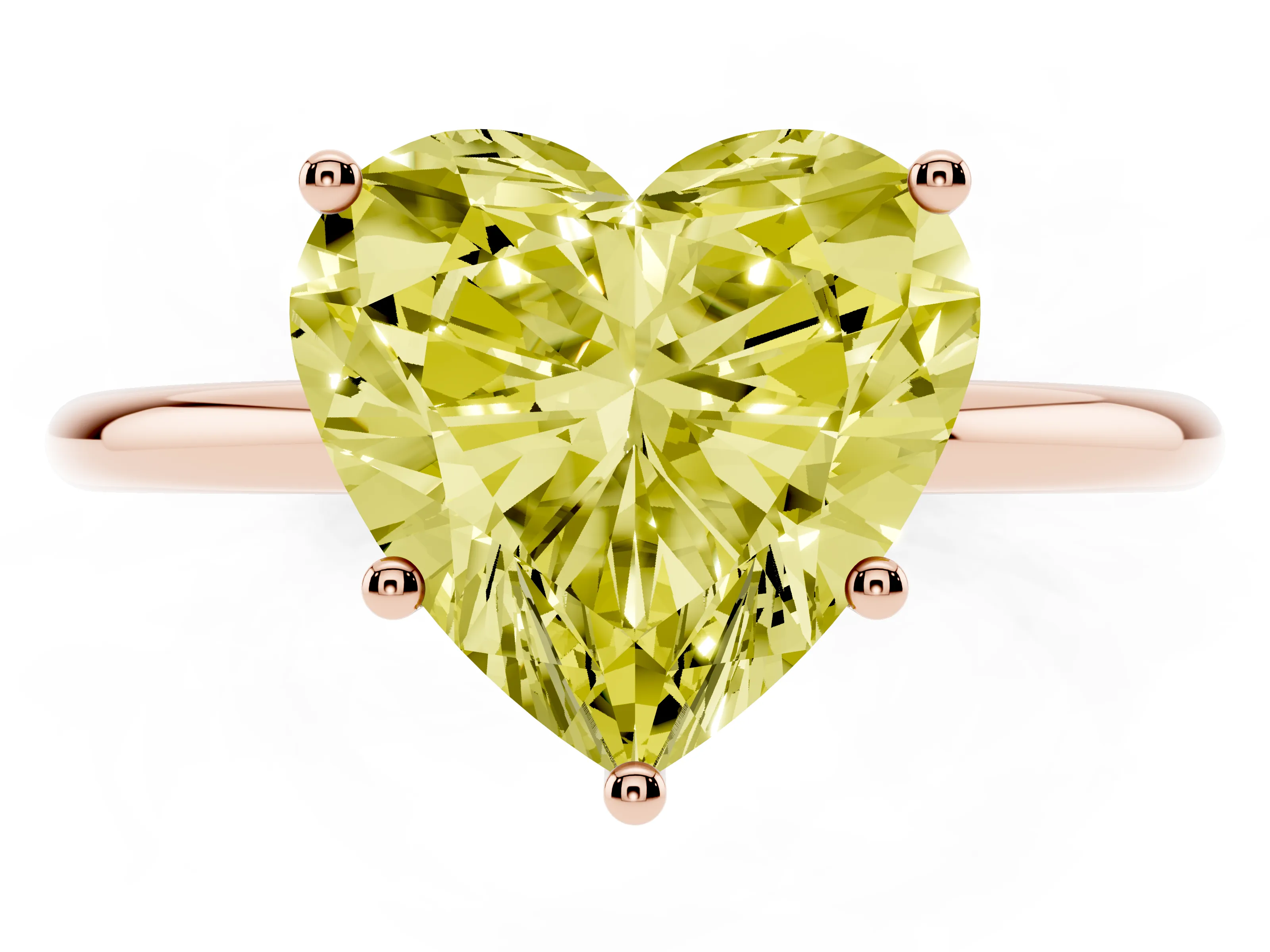 Fancy Yellow Heart Cut Diamond Solitaire Engagement Ring Set in Rose gold with Thin Band and Prong Setting