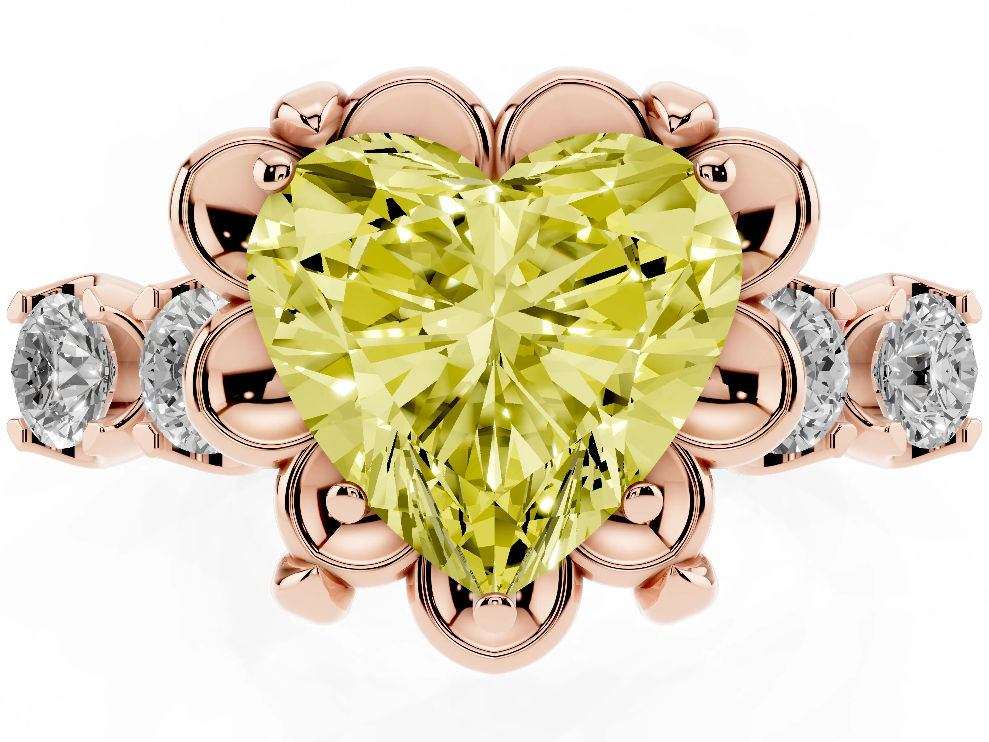 Fancy Yellow Heart Cut Diamond Floral Halo Ring Set in Rose gold with Shared Prong Band