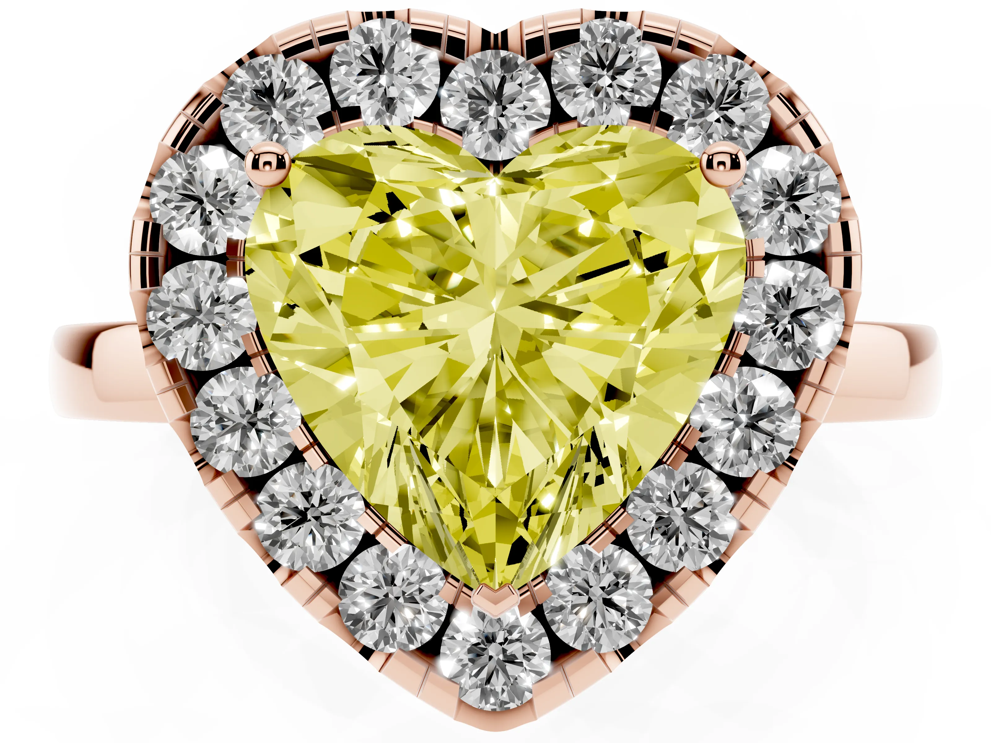 Fancy Yellow Heart Cut Diamond Halo Solitaire Ring Set in Rose gold with Pavé Band and Prong Setting