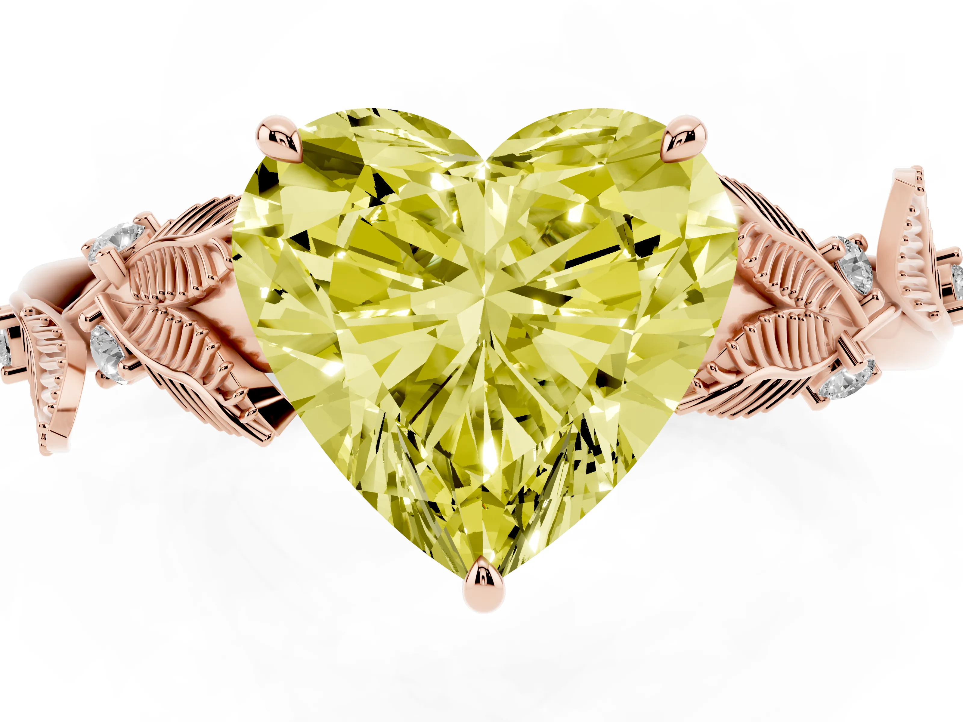 Fancy Yellow Heart Cut Diamond Solitaire Ring Set in Rose gold with Leaf Motif Band