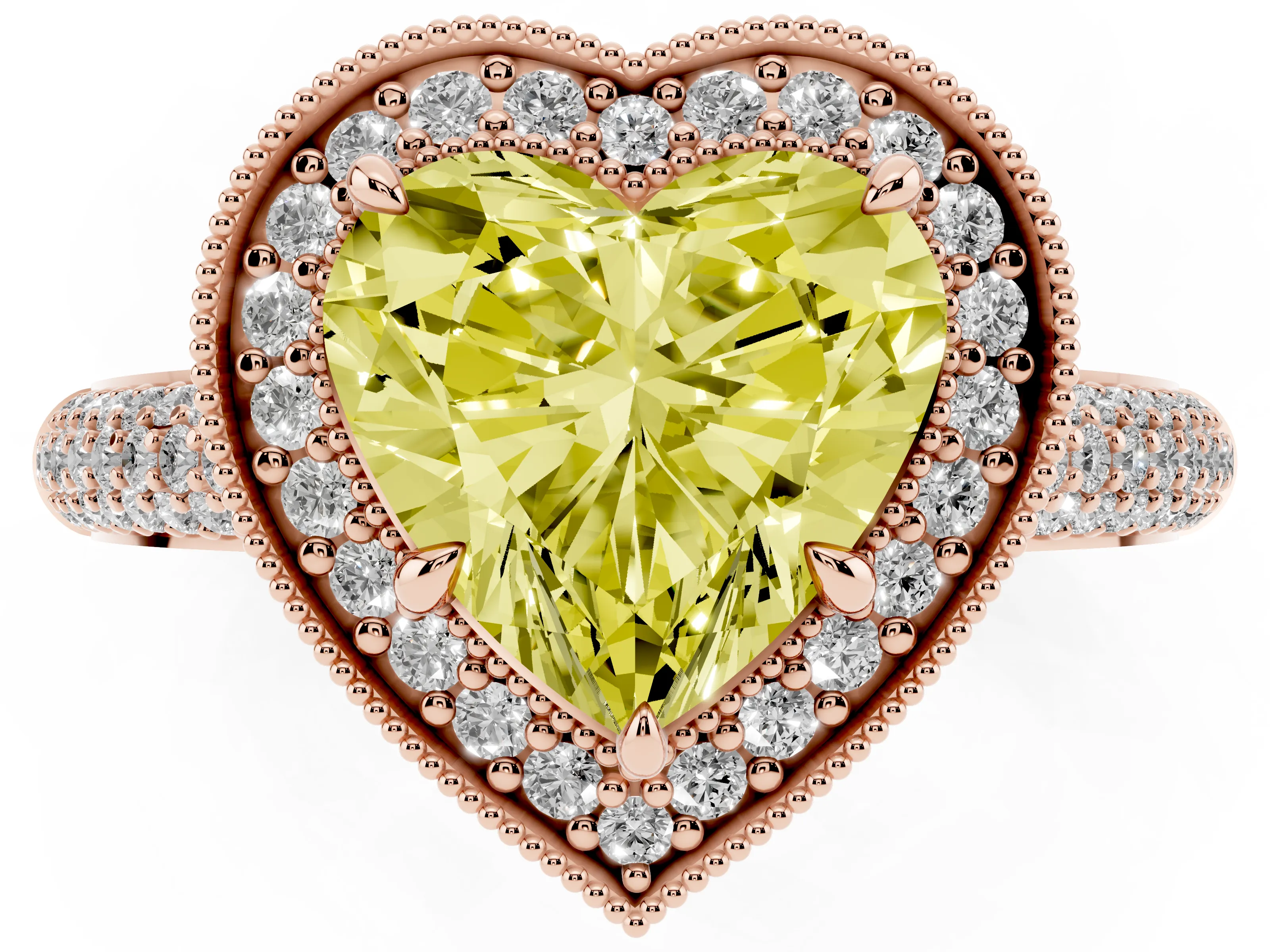 Fancy Yellow Heart Cut Diamond Halo Pavé Band Set in Rose gold with Prong Setting