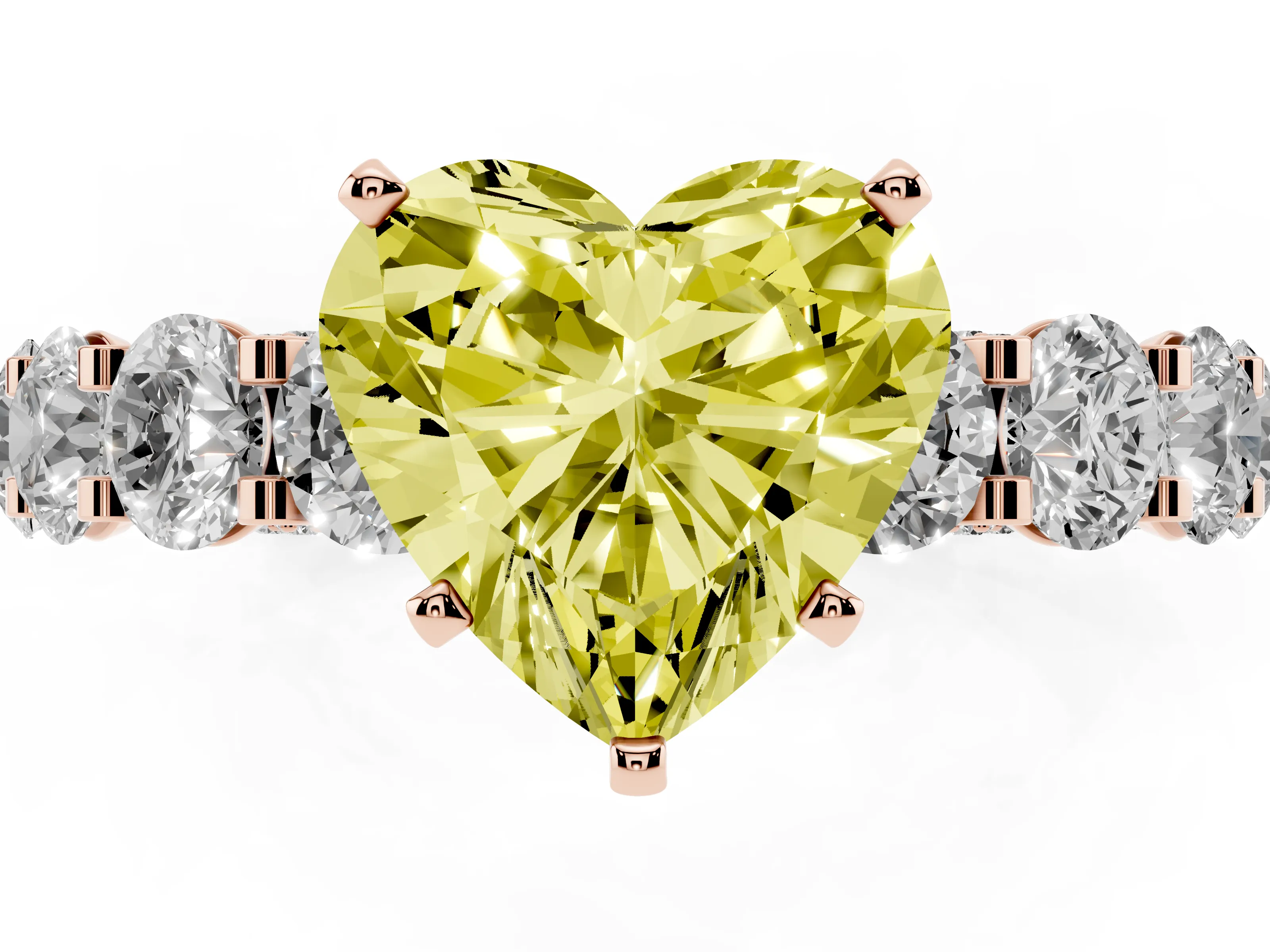Fancy Yellow Heart Cut Diamond Side Stone Ring Set in Rose gold with Alternating Round and Oval Side Stones