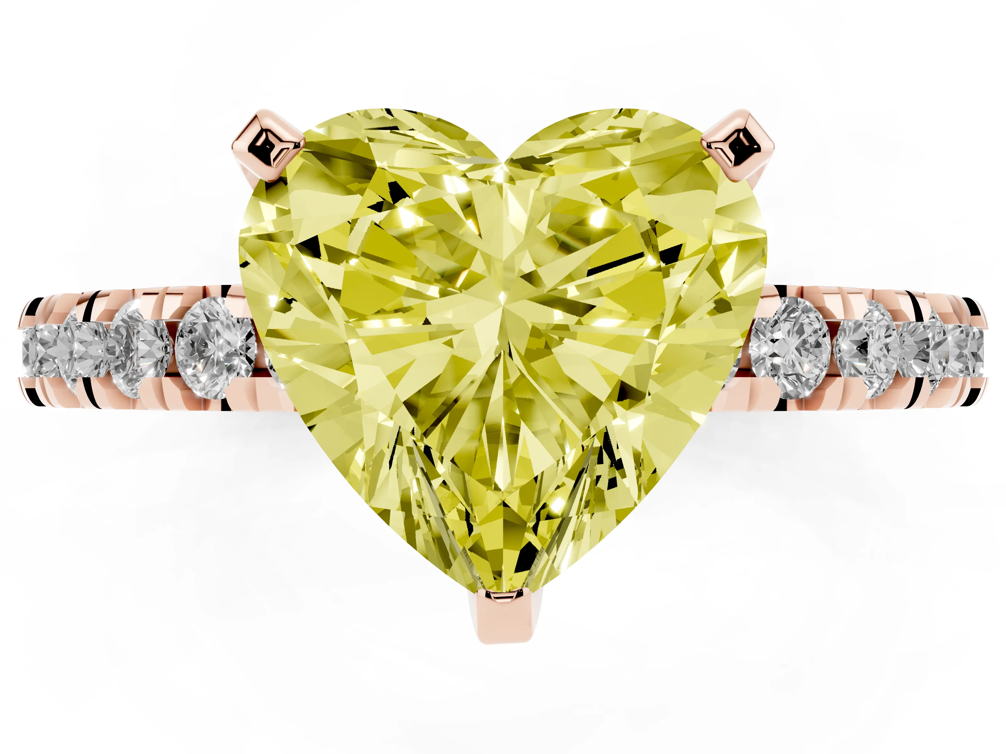 Fancy Yellow Heart Cut Diamond Pavé Band Solitaire Set in Rose gold with Prong Setting