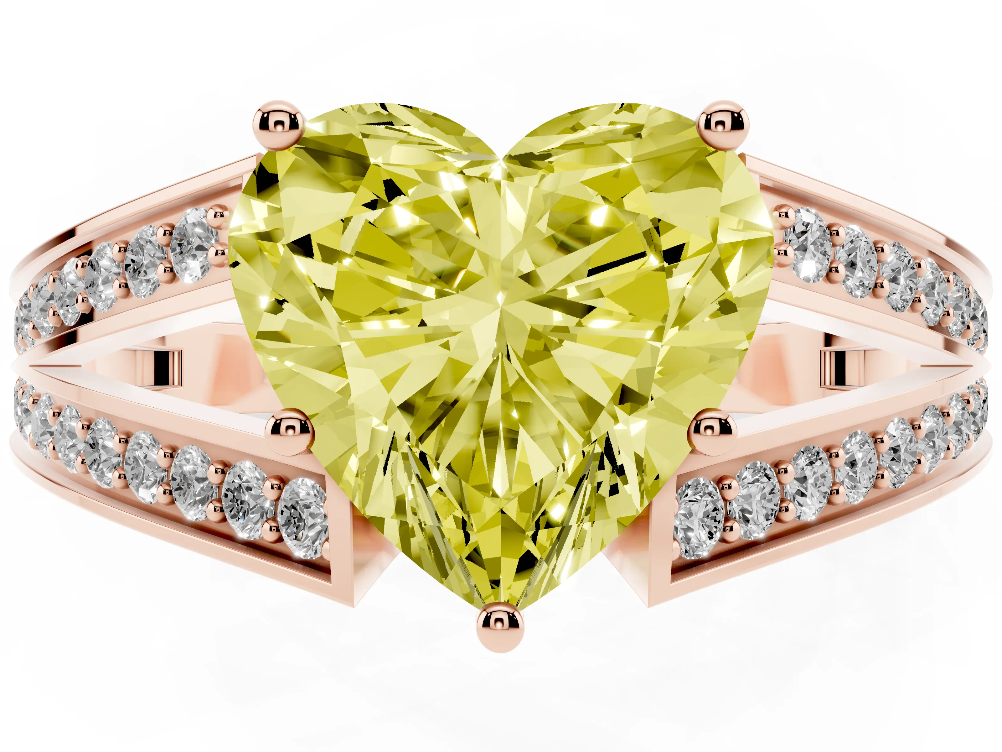 Fancy Yellow Heart Cut Diamond Split Shank Ring Set in Rose gold with Pavé Band and Prong Setting