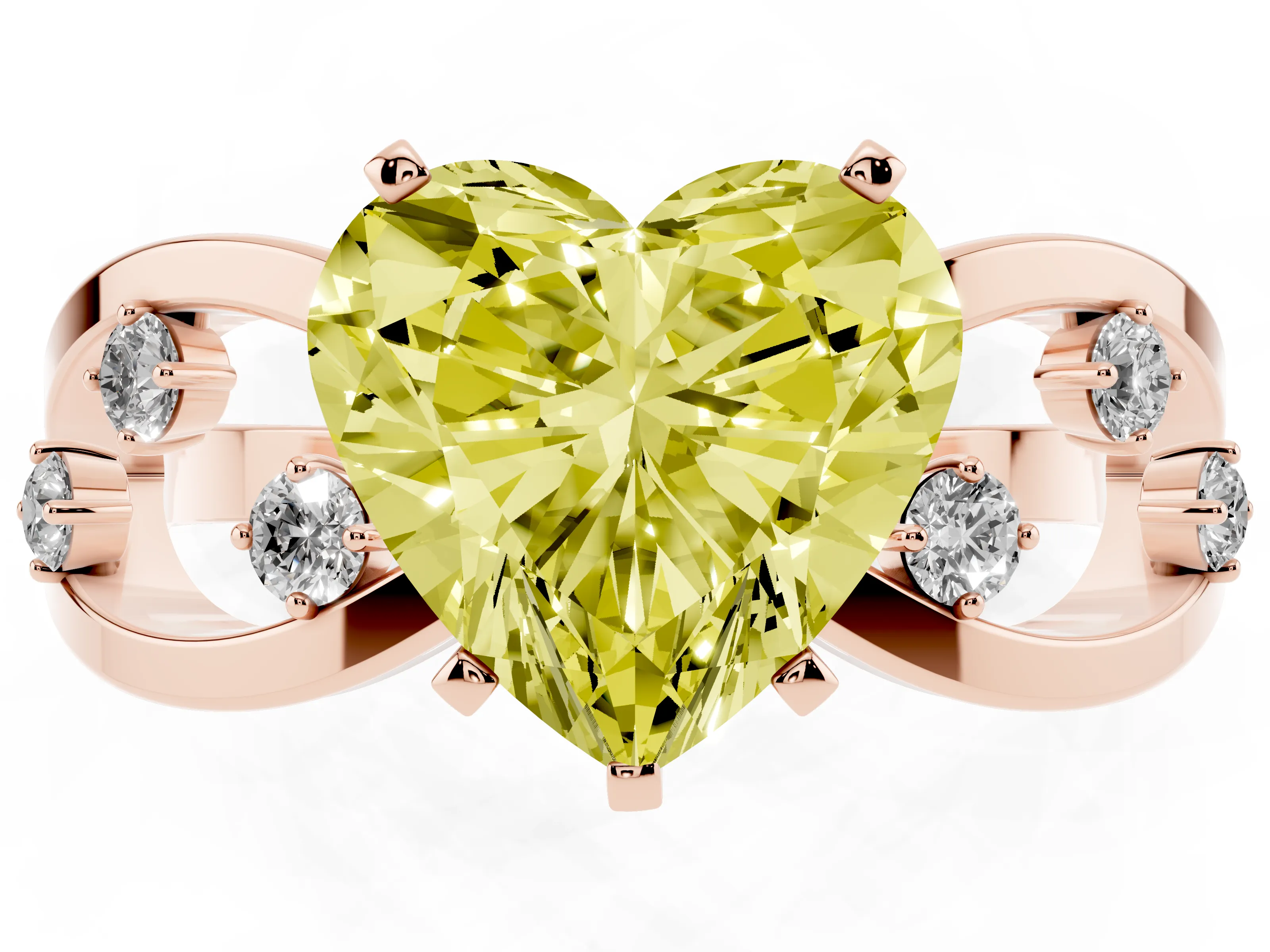 Fancy Yellow Heart Cut Diamond Solitaire Ring Set in Rose gold with Side Stones on Criss-Cross Band and Prong Setting