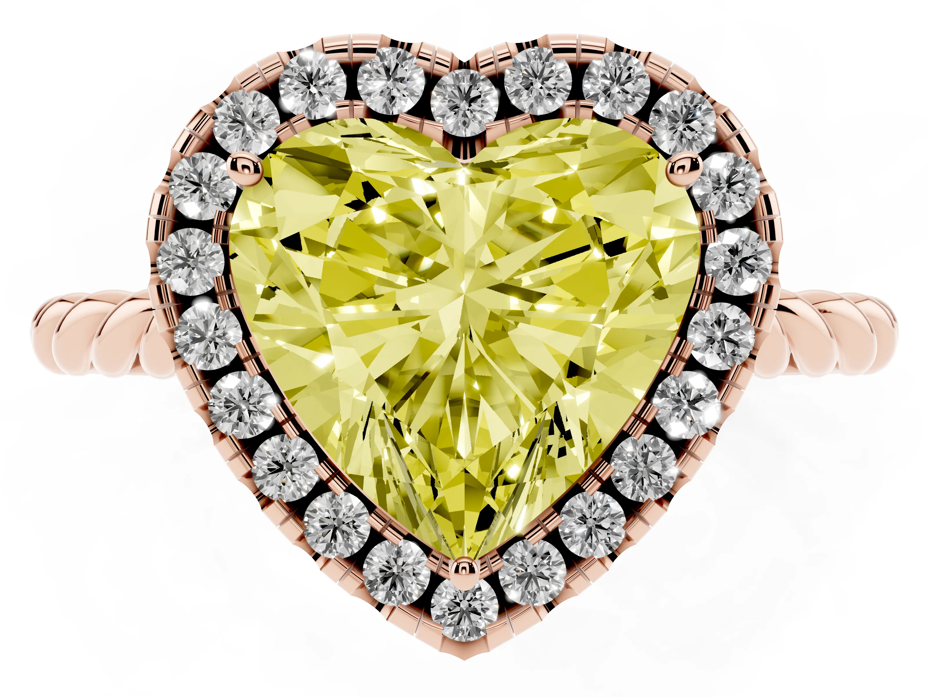 Fancy Yellow Heart Cut Diamond Halo Ring Set in Rose gold with Plain Twisted Band