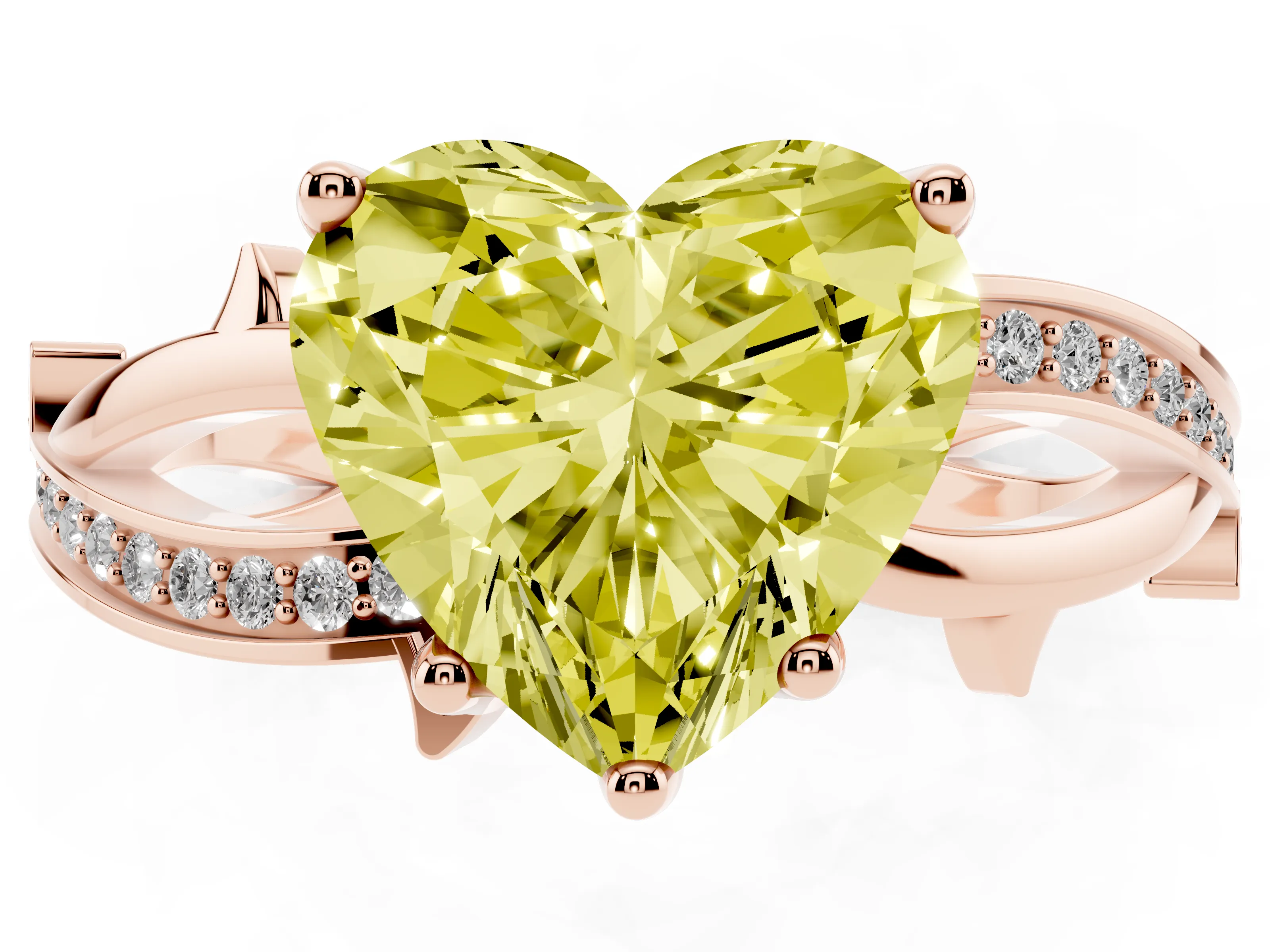 Fancy Yellow Heart Cut Diamond Pavé Twist Band Solitaire Ring Set in Rose gold with Prong Setting