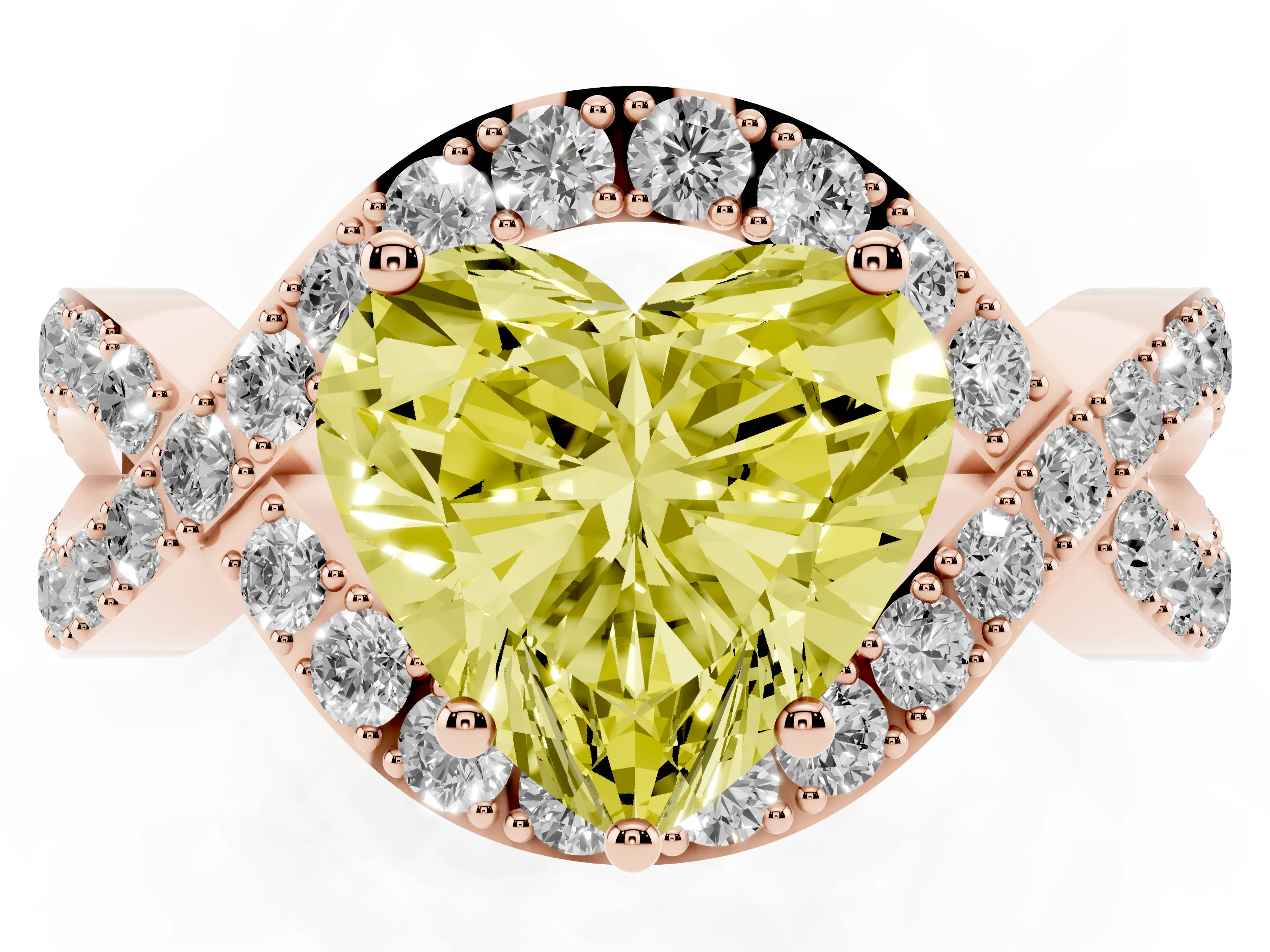 Fancy Yellow Heart Cut Diamond Solitaire Twist Band Pavé Engagement Ring Set in Rose gold