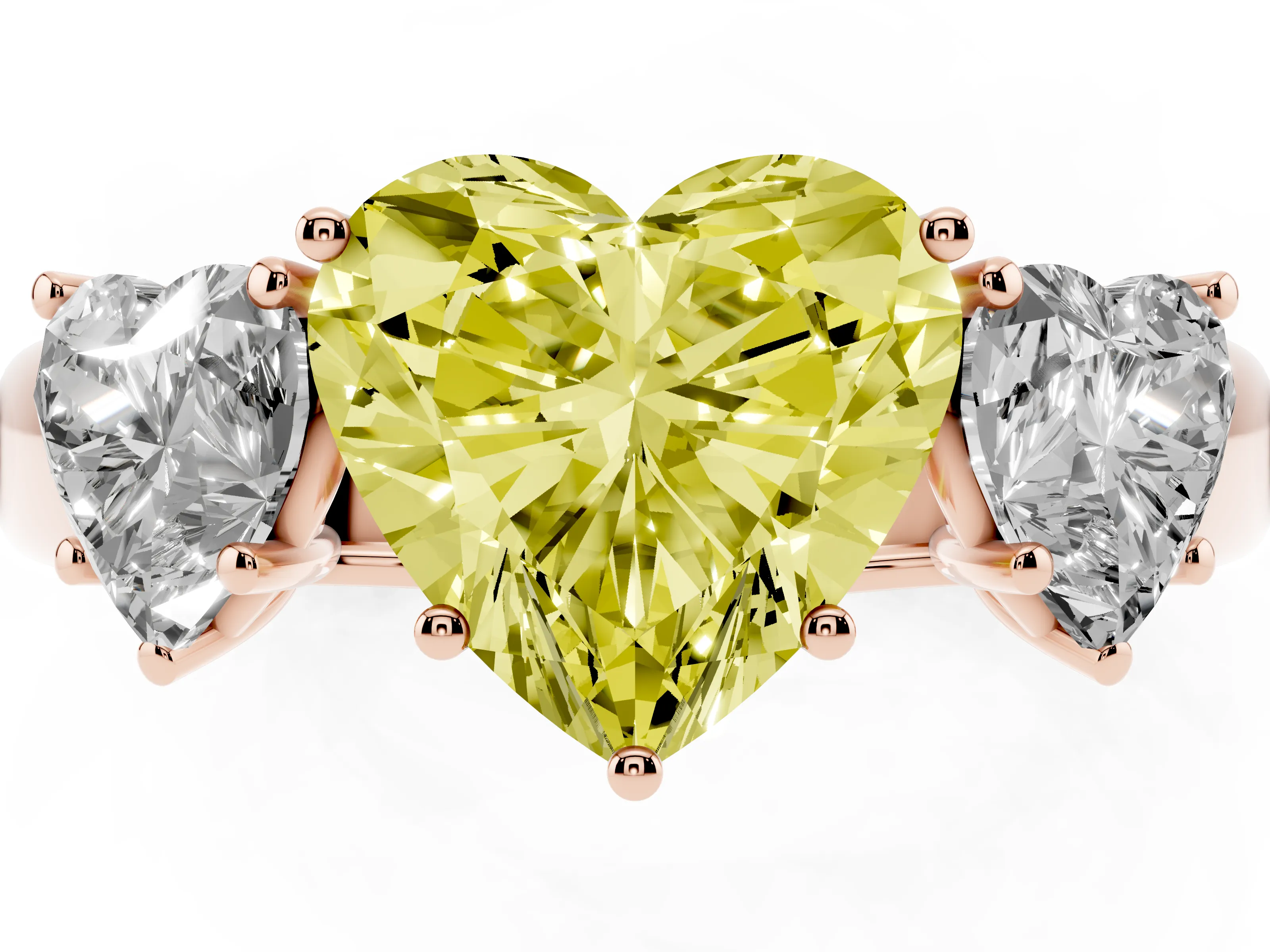 Fancy Yellow Three-Stone Heart Cut Diamond Ring Set in Rose gold with Matching Prong Settings and Plain Band
