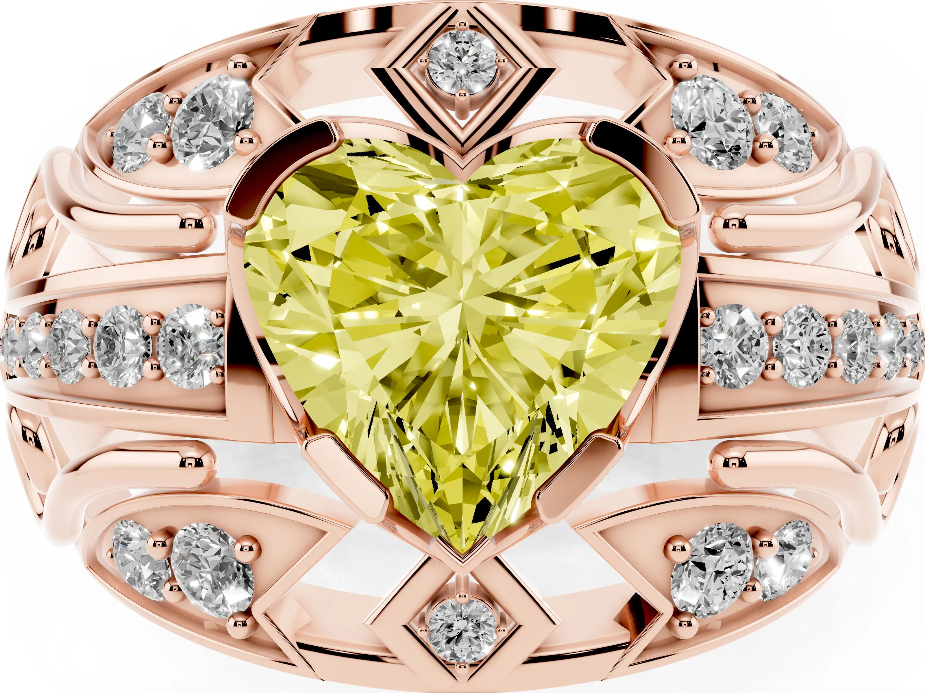 Fancy Yellow Heart Cut Diamond Art Deco Ring Set in Rose gold with Pavé Split Shank