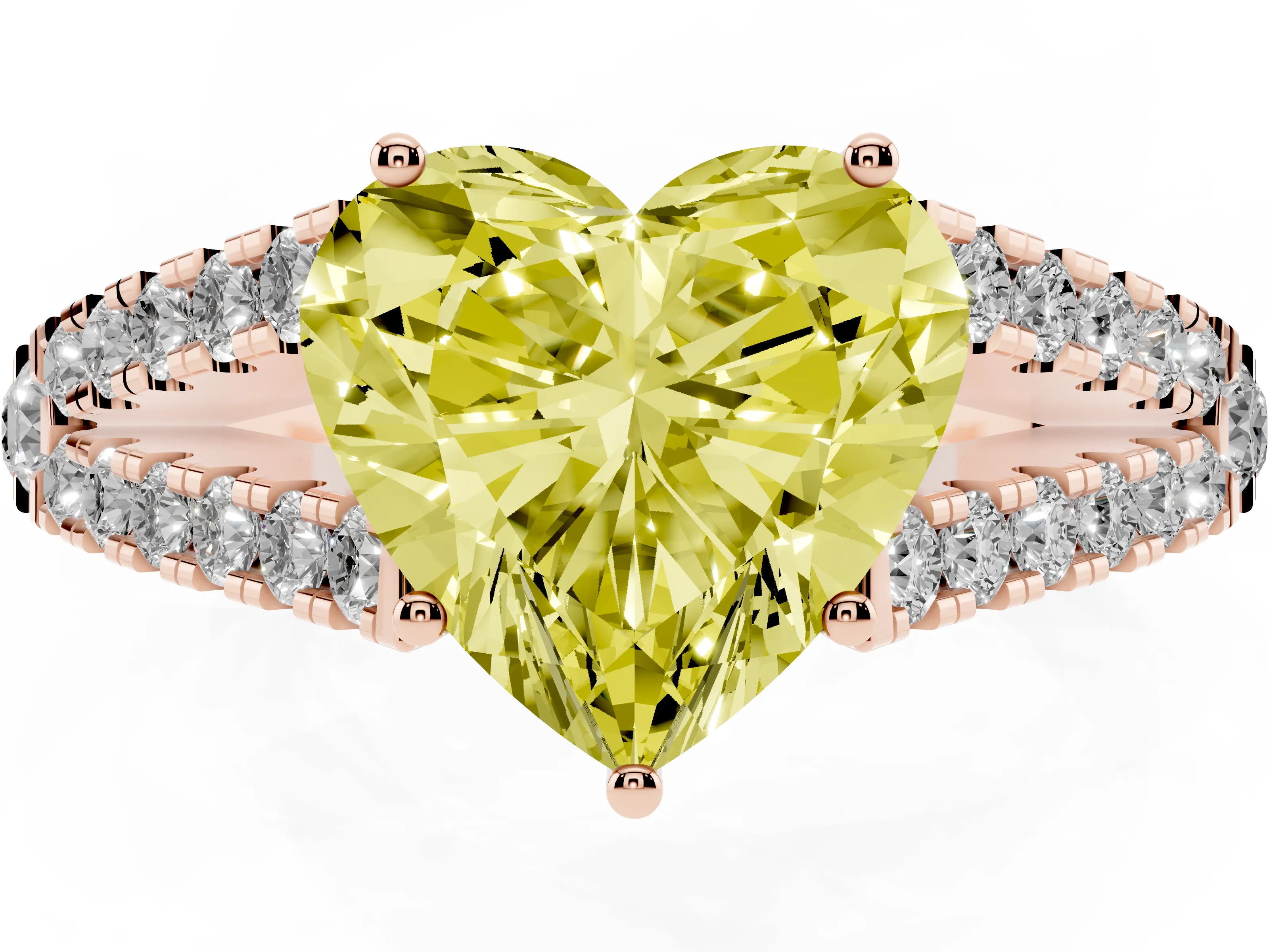 Fancy Yellow Heart Cut Diamond Split Shank Pavé Engagement Ring Set in Rose gold with Prong-Held Center Stone