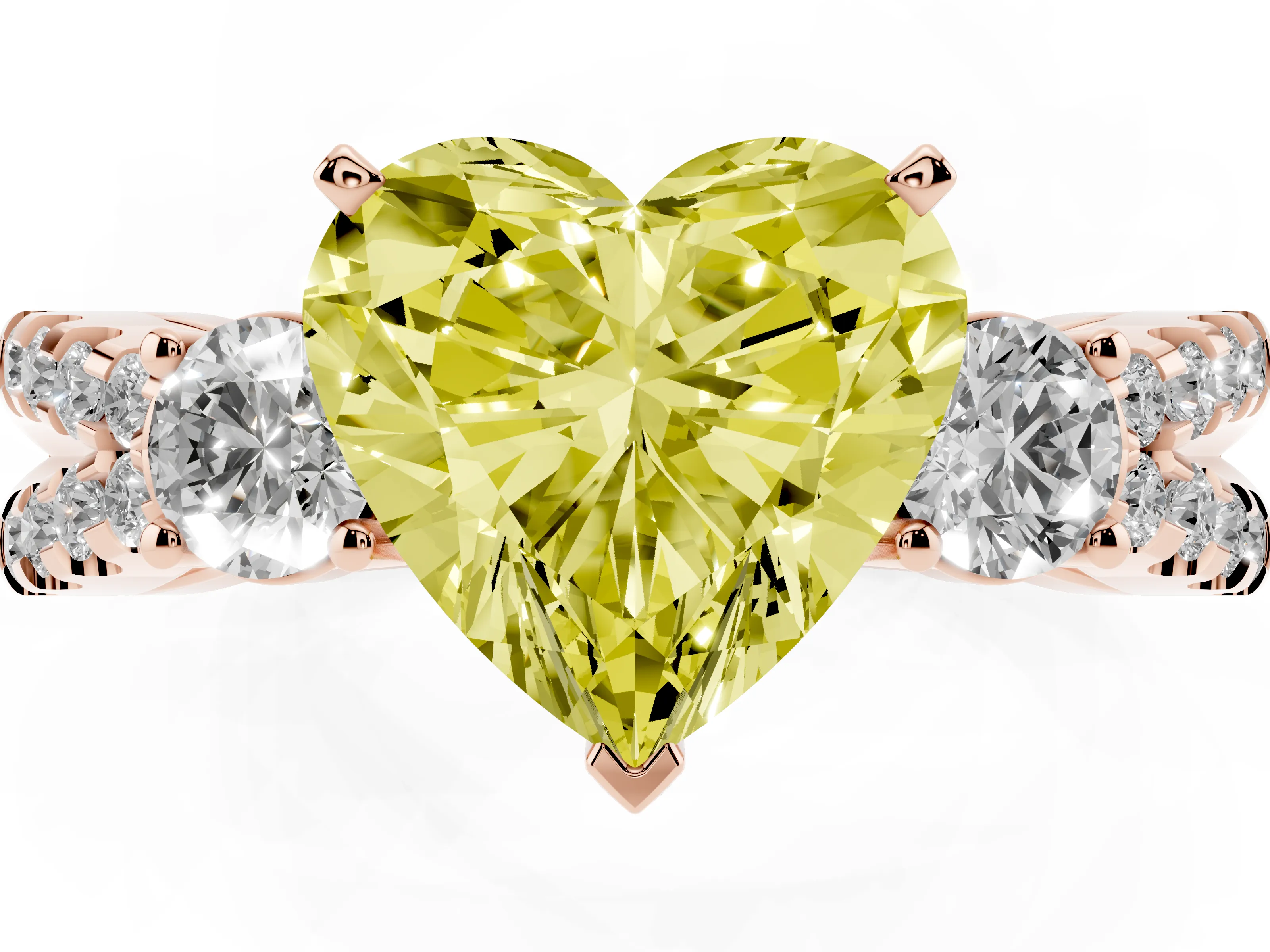 Fancy Yellow Heart Cut Diamond Three-Stone Ring Set in Rose gold with Pavé Split Shank and Prong Setting