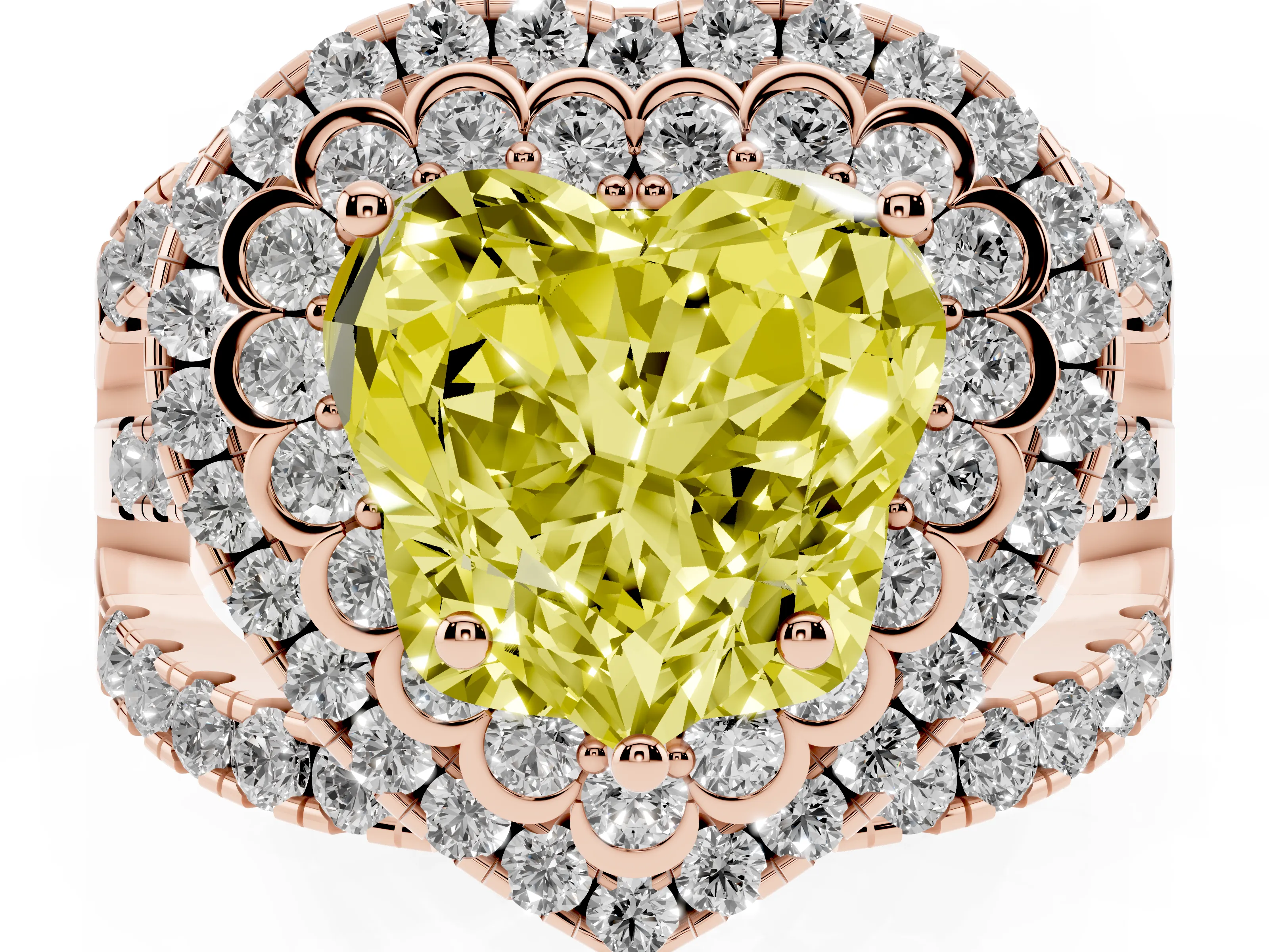 Fancy Yellow Heart Cut Diamond Double Halo Ring Set in Rose gold with Round Pavé Split Shank
