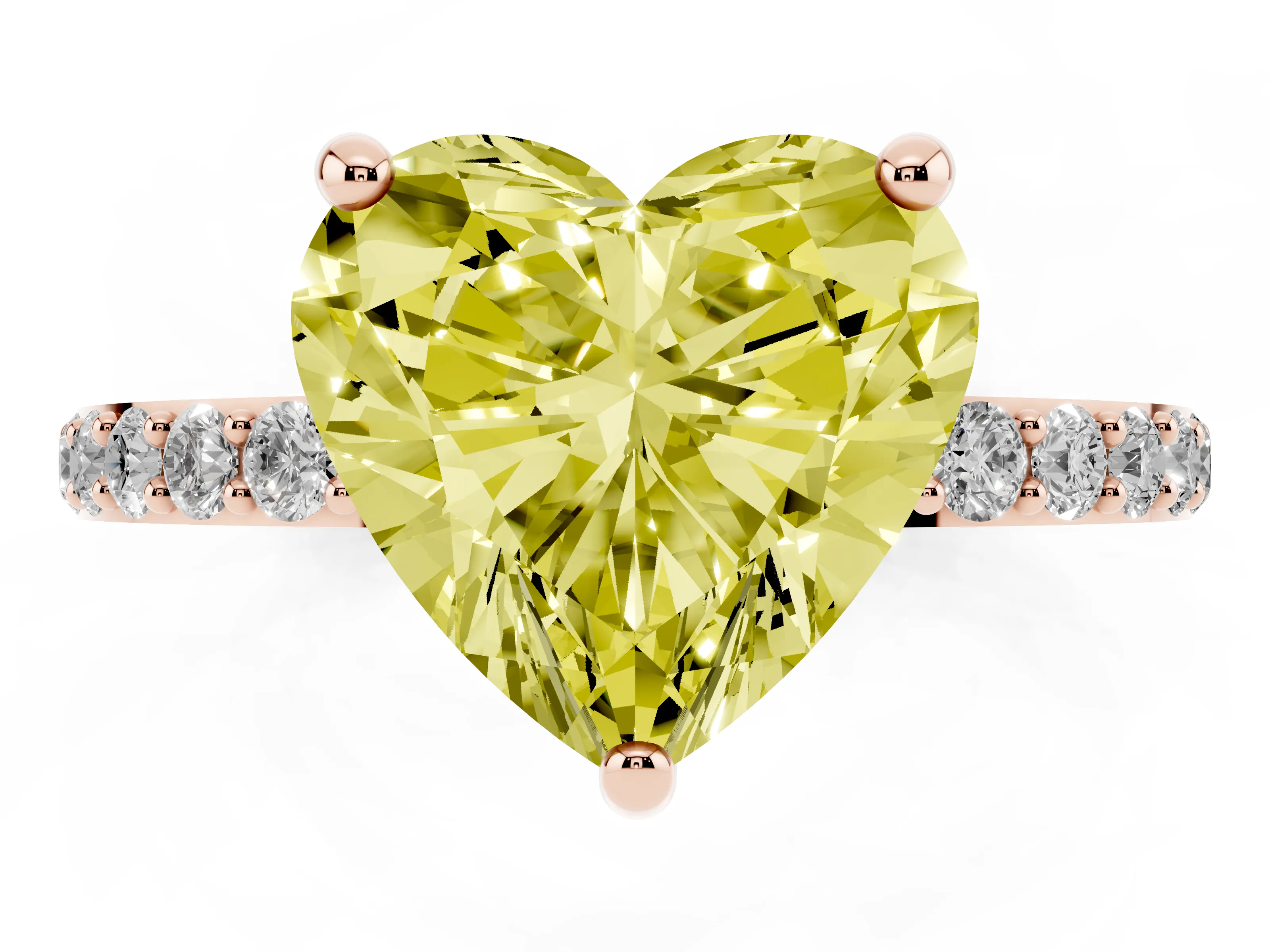 Fancy Yellow Heart Cut Diamond Solitaire Ring Set in Rose gold with Round Pavé Band and Prong Setting