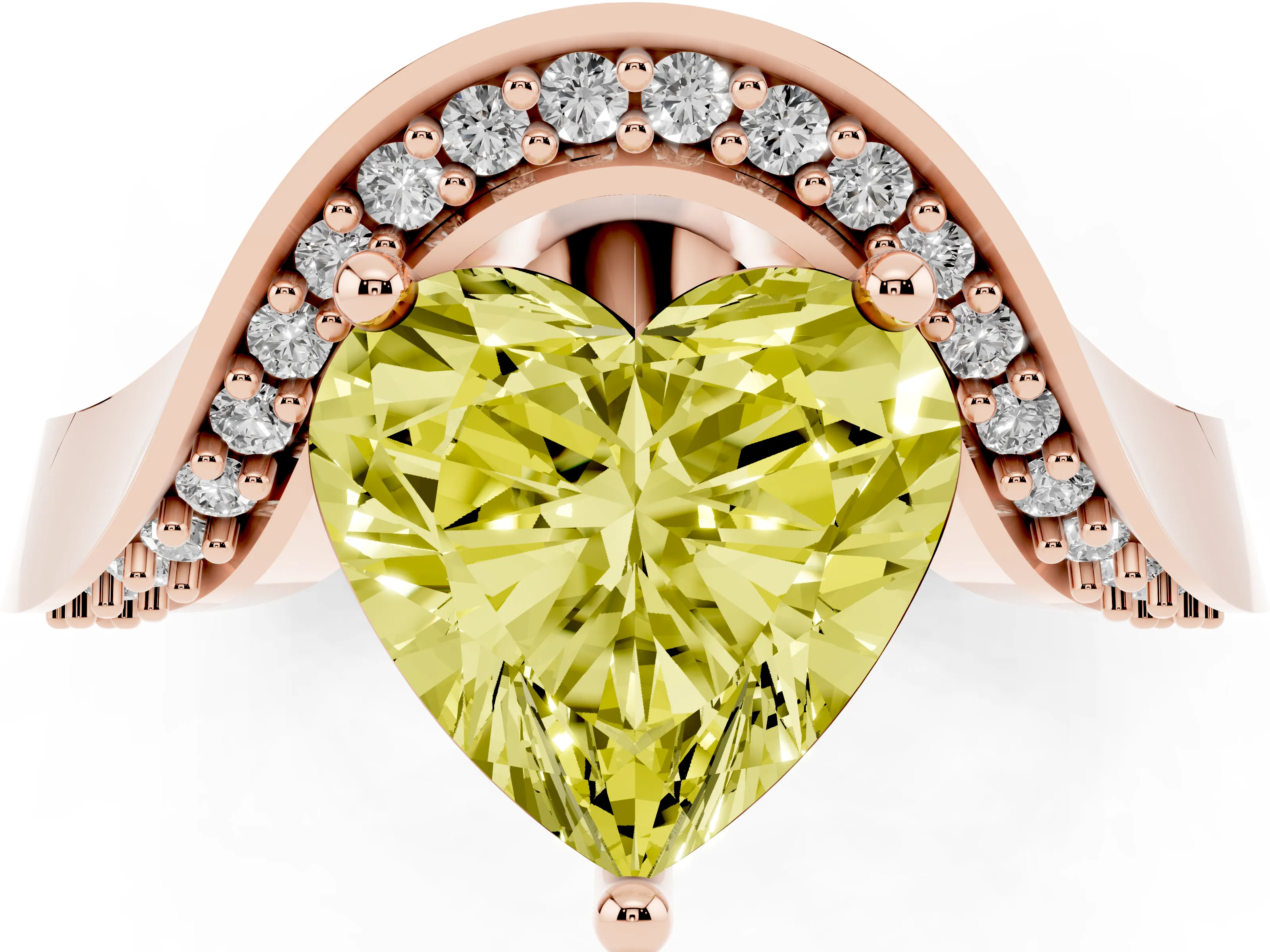 Fancy Yellow Heart Cut Diamond Solitaire Engagement Ring Set in Rose gold with Pavé Shoulders