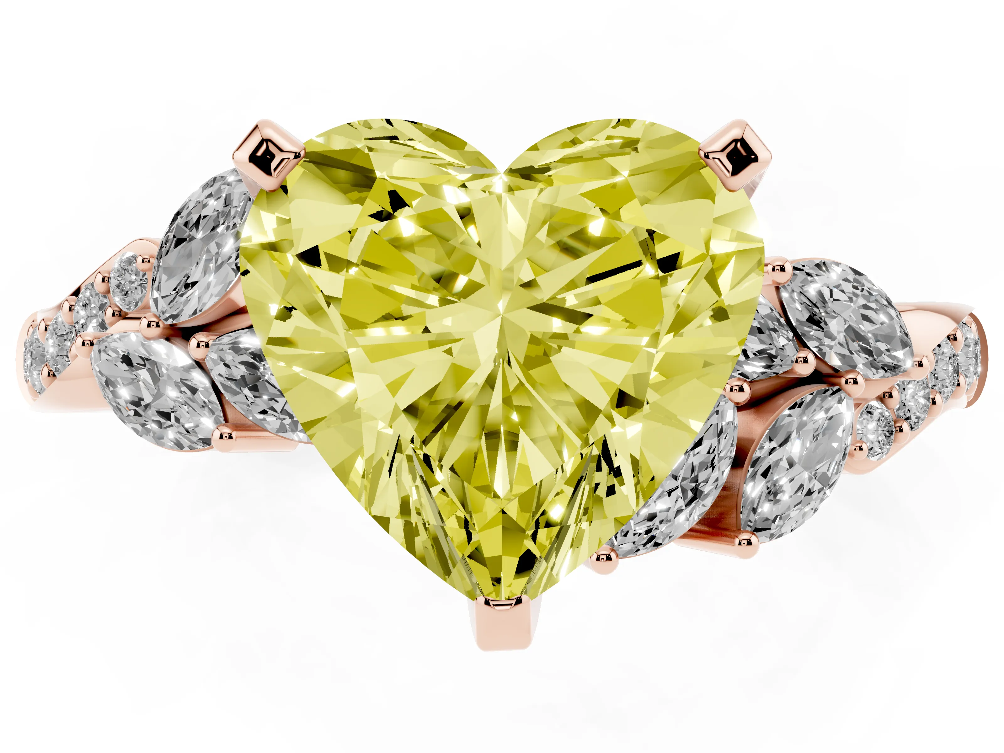 Fancy Yellow Heart Cut Diamond Solitaire Ring Set in Rose gold with Marquise Twist Band and Prong Setting