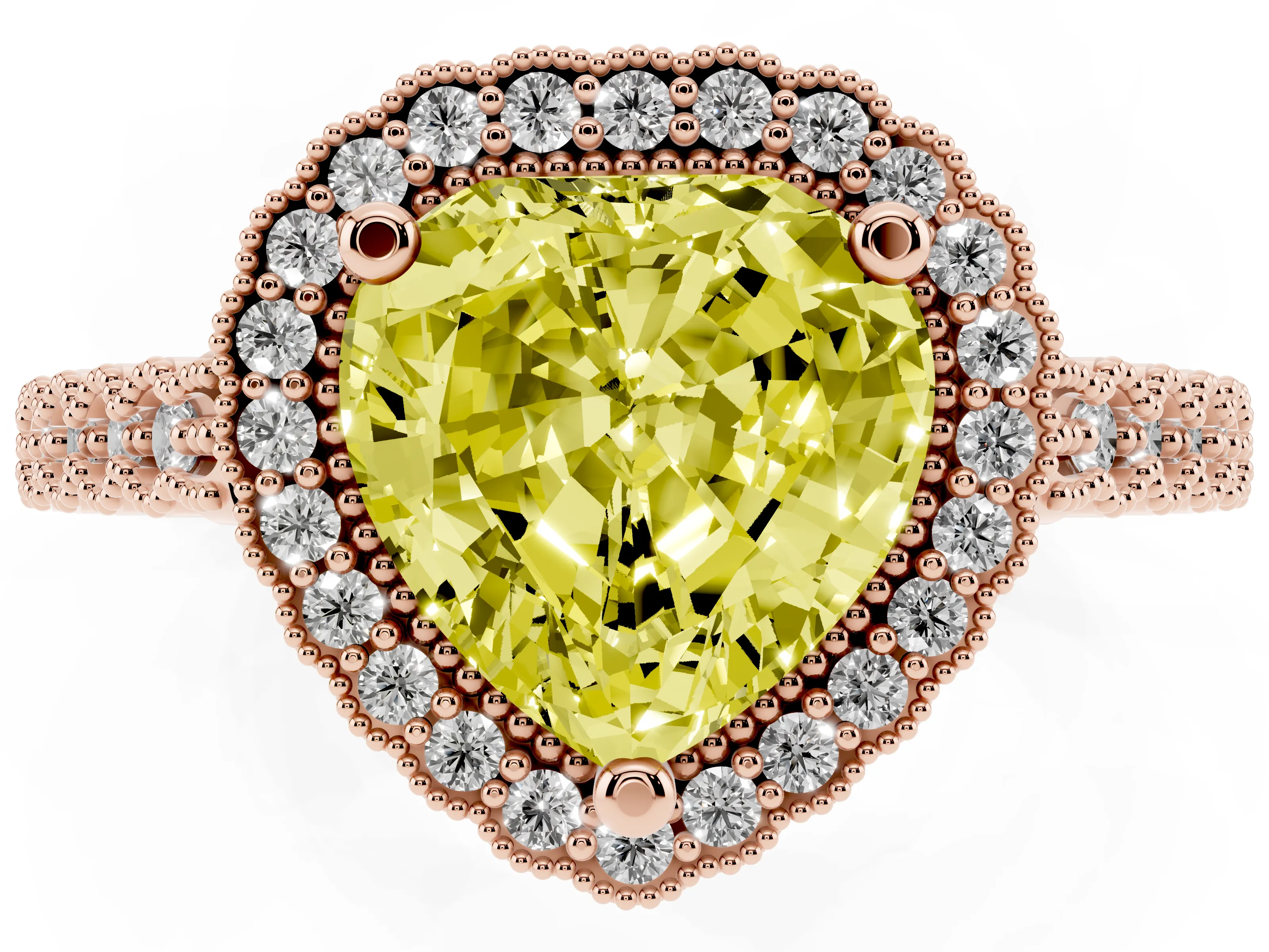 Fancy Yellow Heart Cut Diamond Halo Ring Set in Rose gold with Pavé Milgrain Band