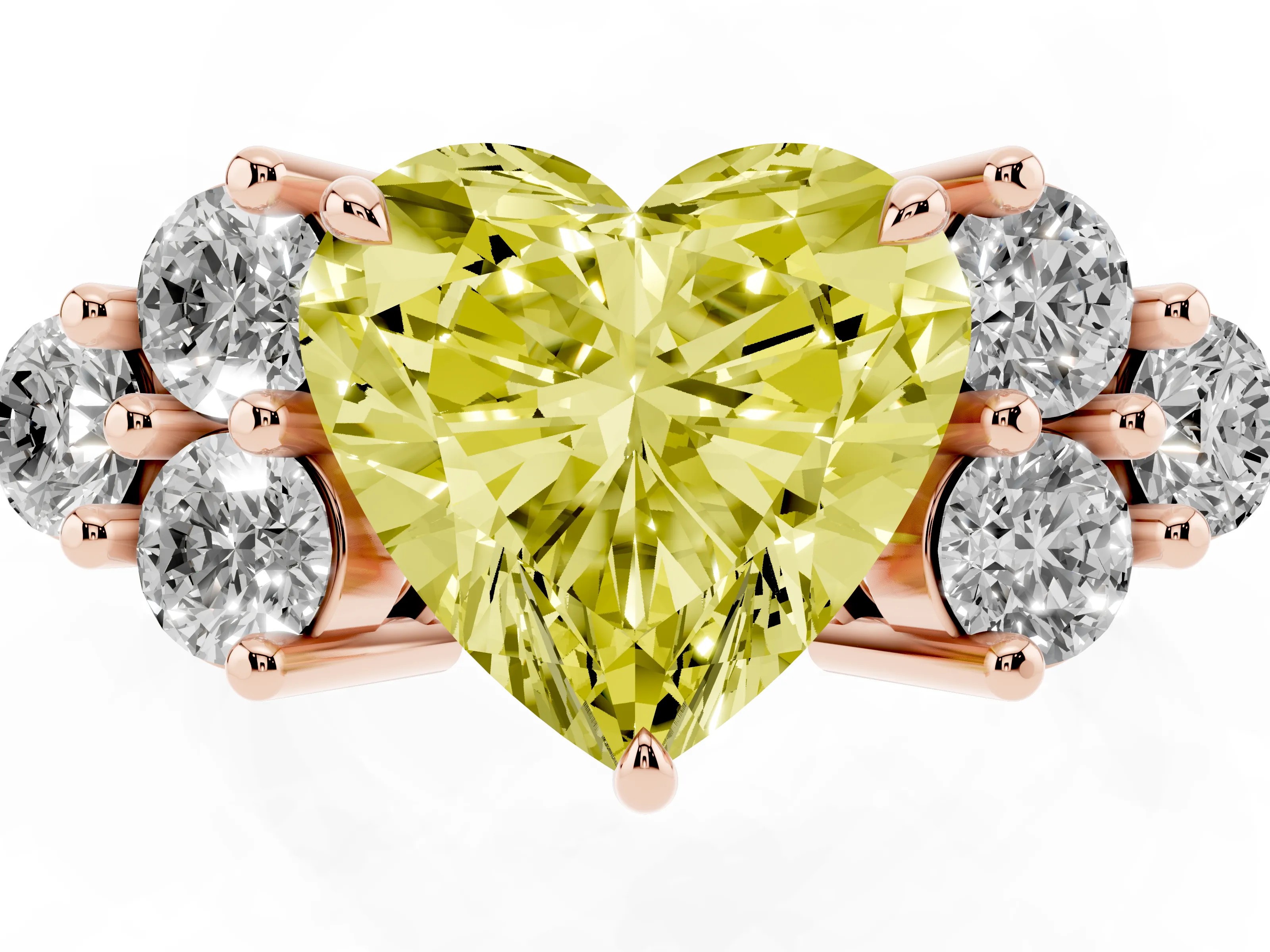 Fancy Yellow Heart Cut Diamond Solitaire Ring Set in Rose gold with Cluster Accents on Each Side