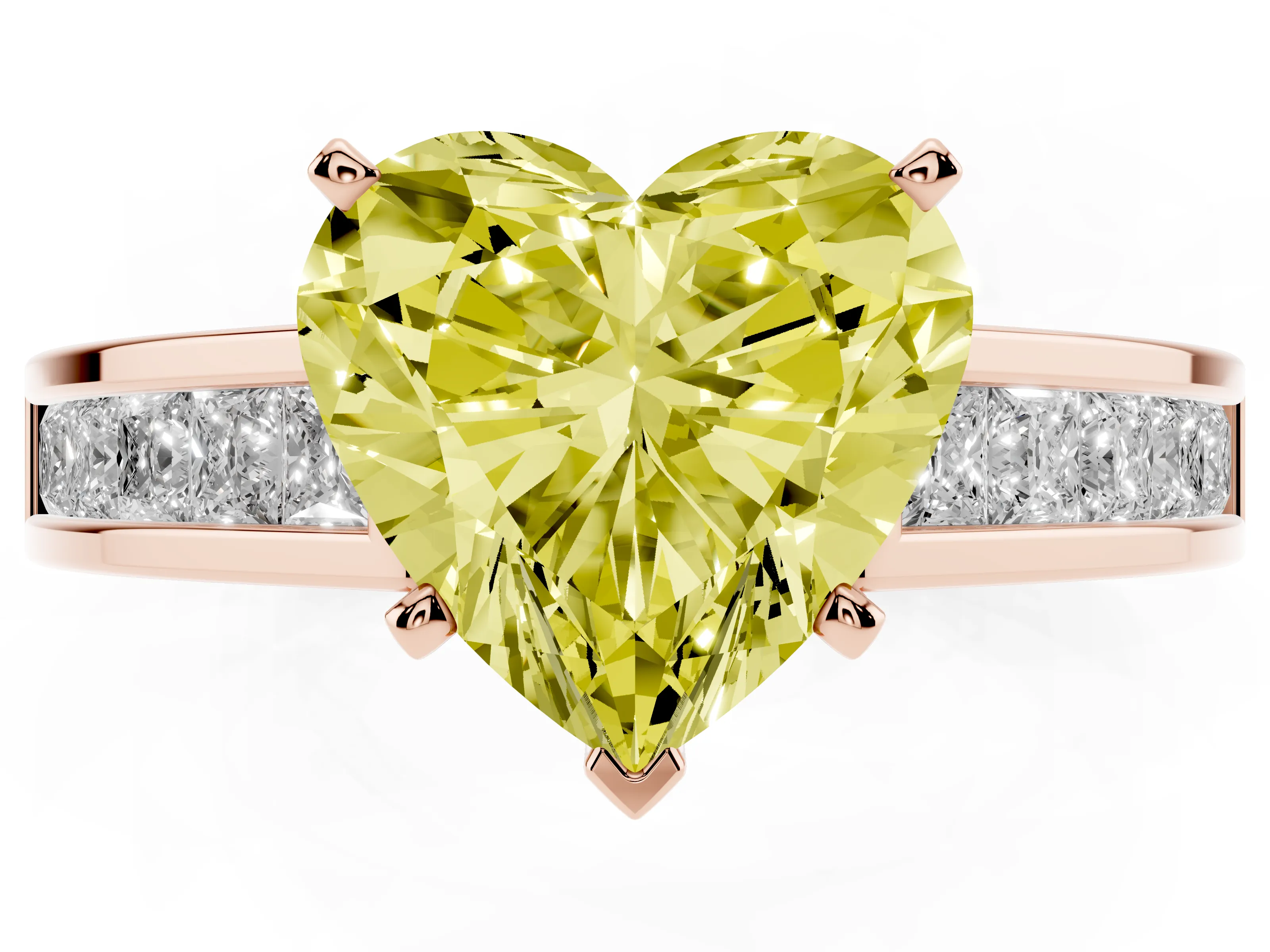 Fancy Yellow Heart Cut Diamond Solitaire Ring Set in Rose gold with Channel-Set Band and Prong Setting