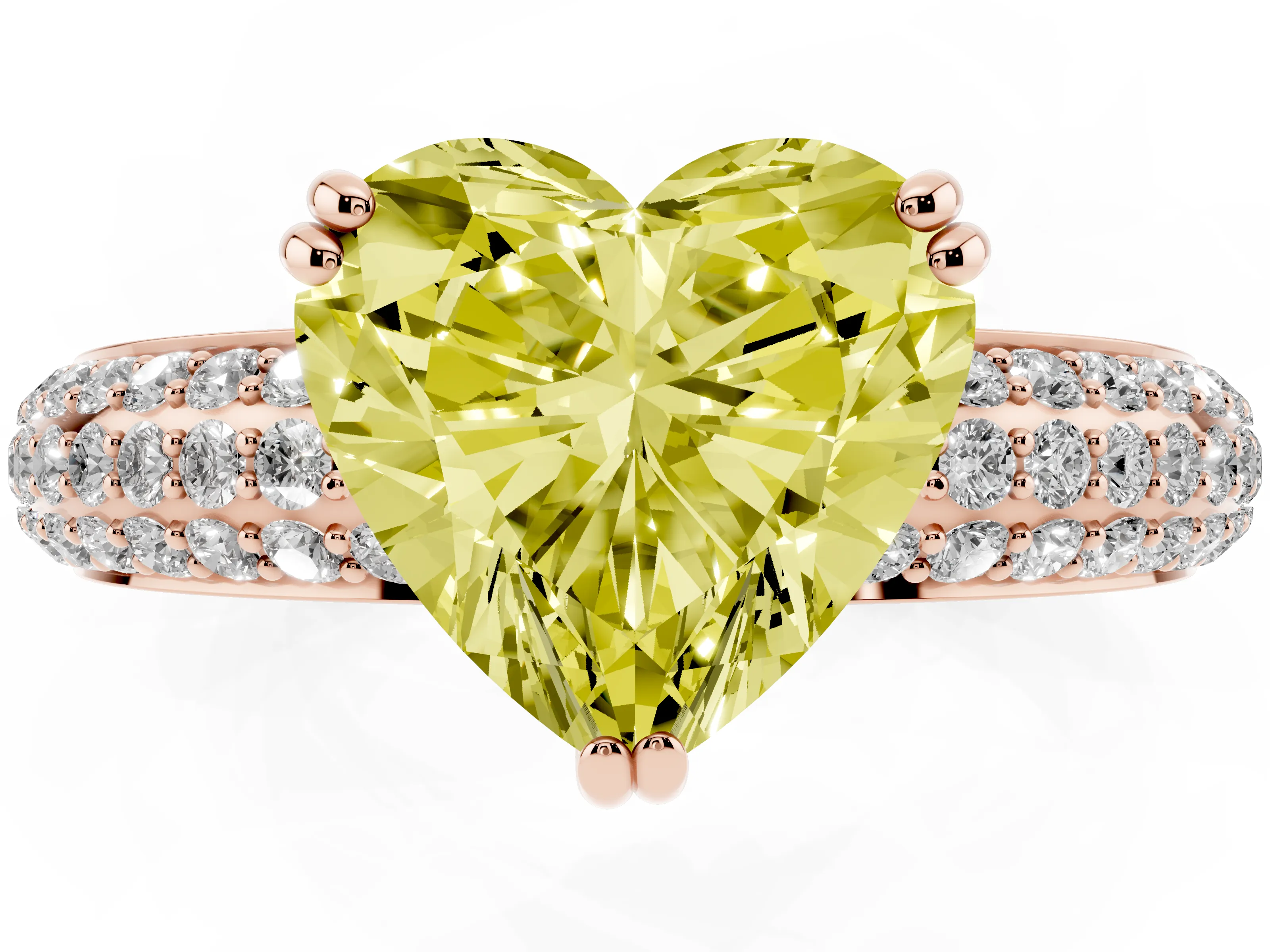 Fancy Yellow Heart Cut Diamond Solitaire Ring Set in Rose gold with Multi-Row Round Pavé Band and Prong Setting